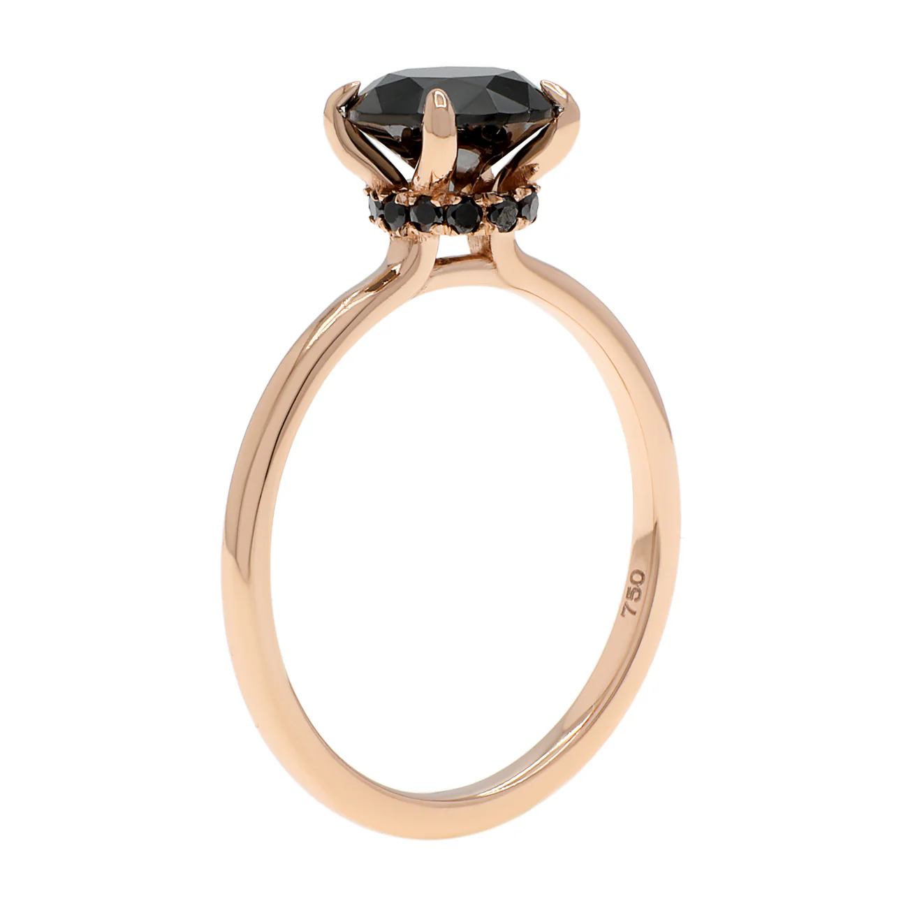 18K Rose Gold Black Diamond Solitaire Hidden Halo Ring - Image 2