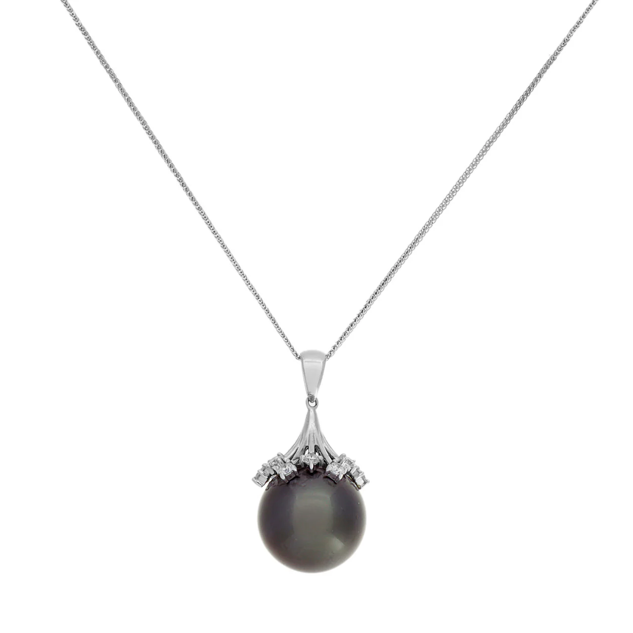 18K White Gold 0.72 Carat Diamond Tahitian Pearl Pendant Necklace
