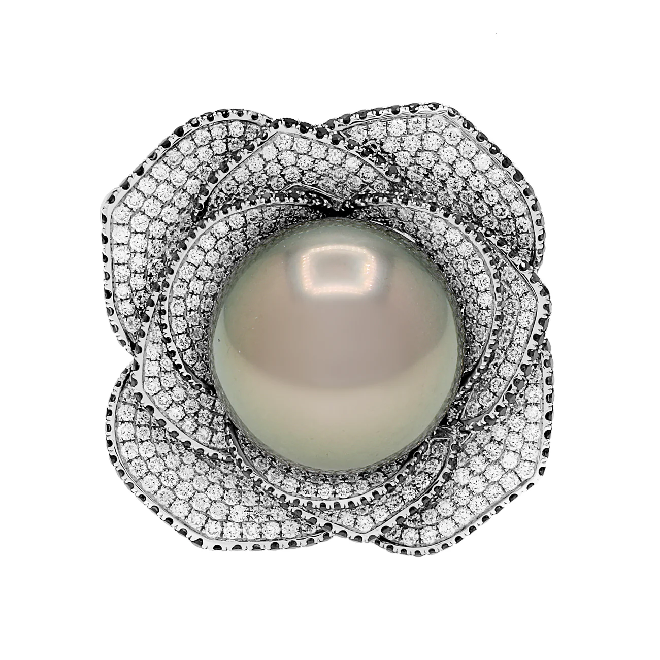 18K White Gold 17.0mm Tahitian Pearl Convertible Floral Pendant Ring
