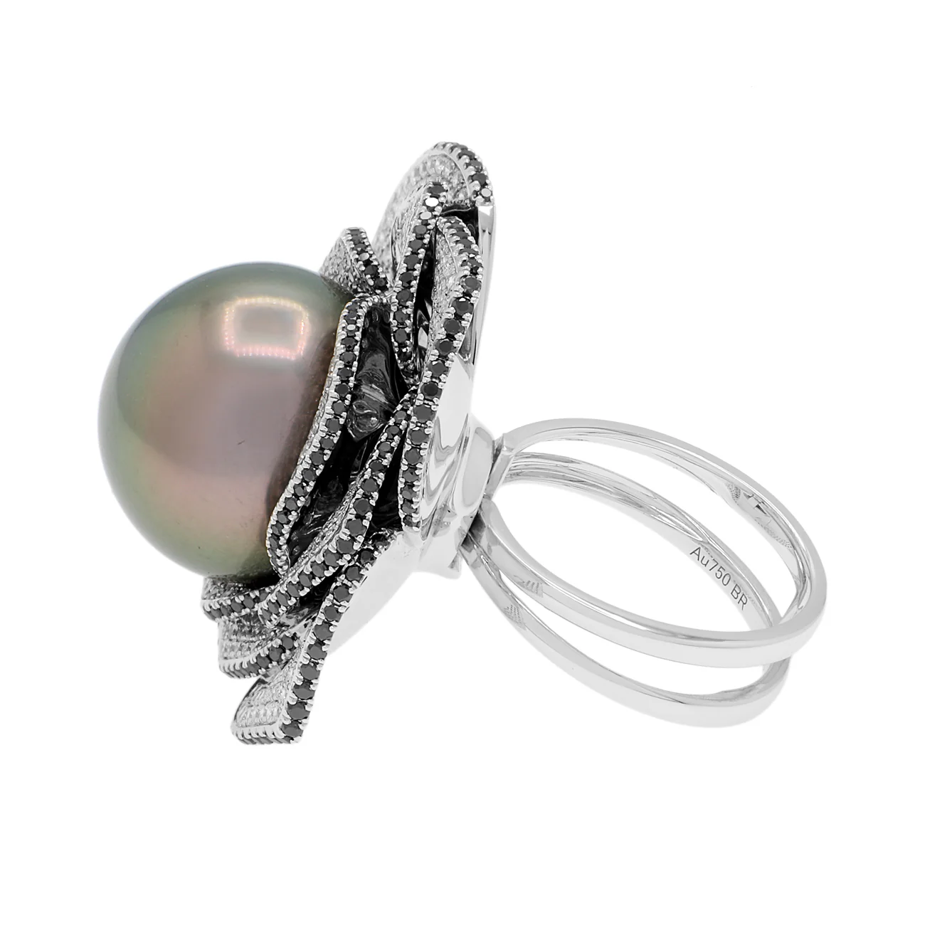 18K White Gold 17.0mm Tahitian Pearl Convertible Floral Pendant Ring - Image 2