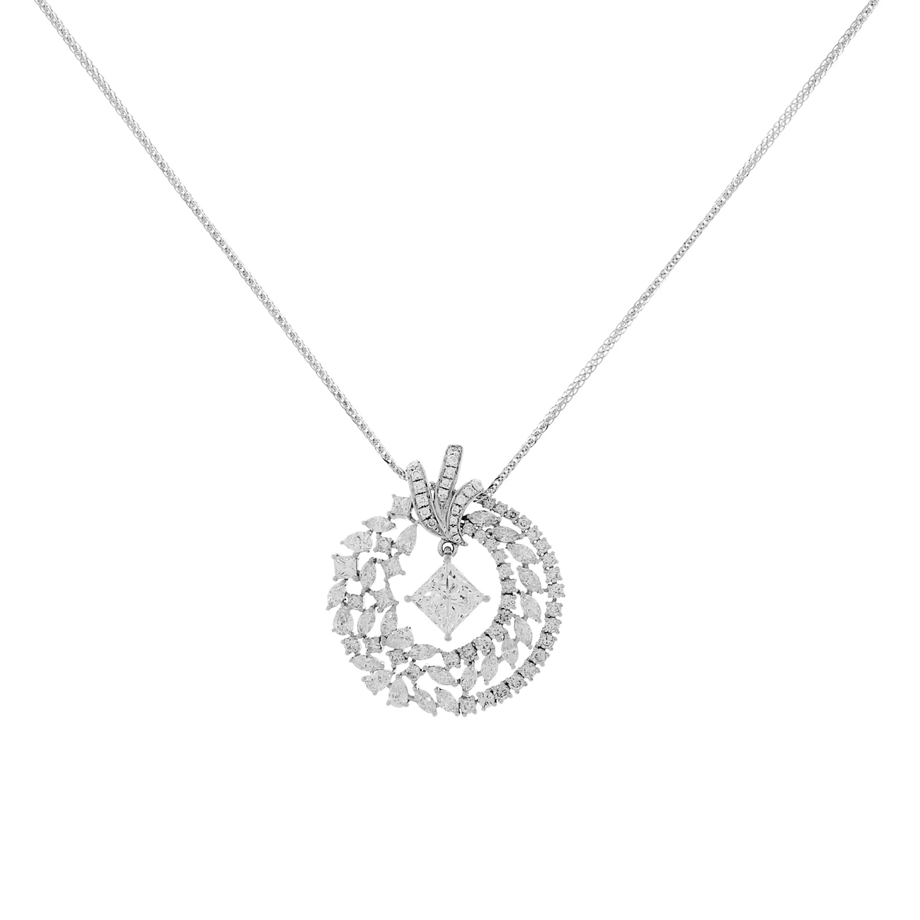 18K White Gold 2.01 Carat Princess Cut Diamond Wreath Pendant