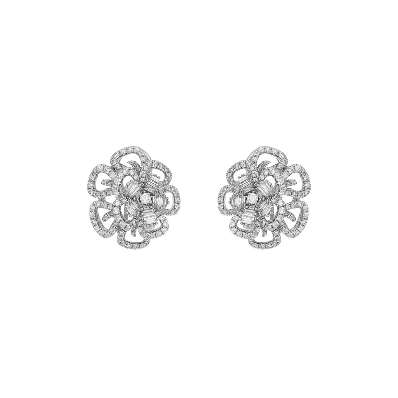 2.44ct Diamond Flower Cluster Earrings | 18K White Gold Blossom Studs