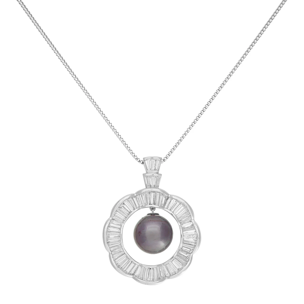 18K White Gold 6.82 Carat Diamond Tahitian Pearl Pendant Necklace