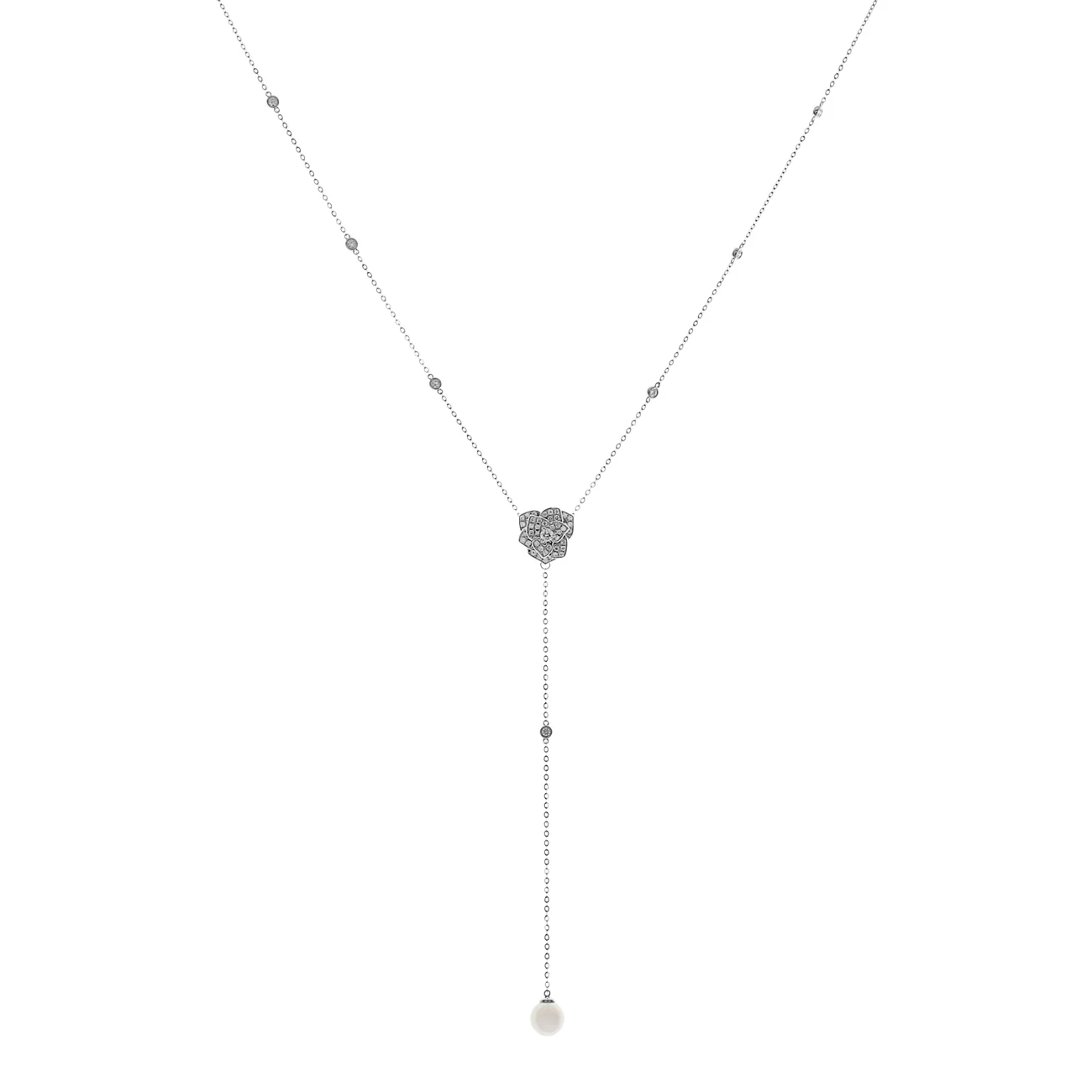 18K White Gold 8.9mm Pearl & Diamond Lariat Necklace