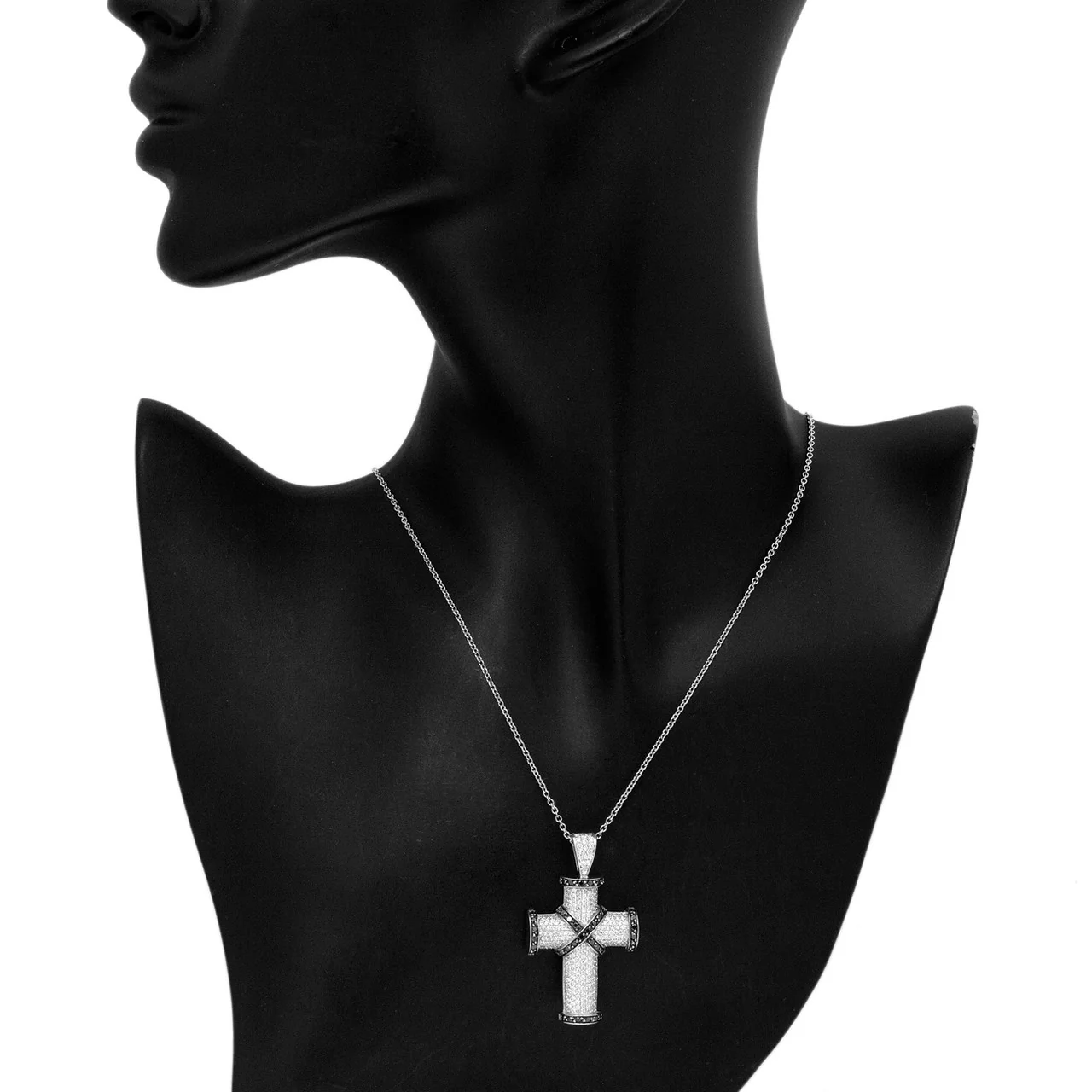 18K White Gold Black & White Diamond Cross Necklace - Image 5