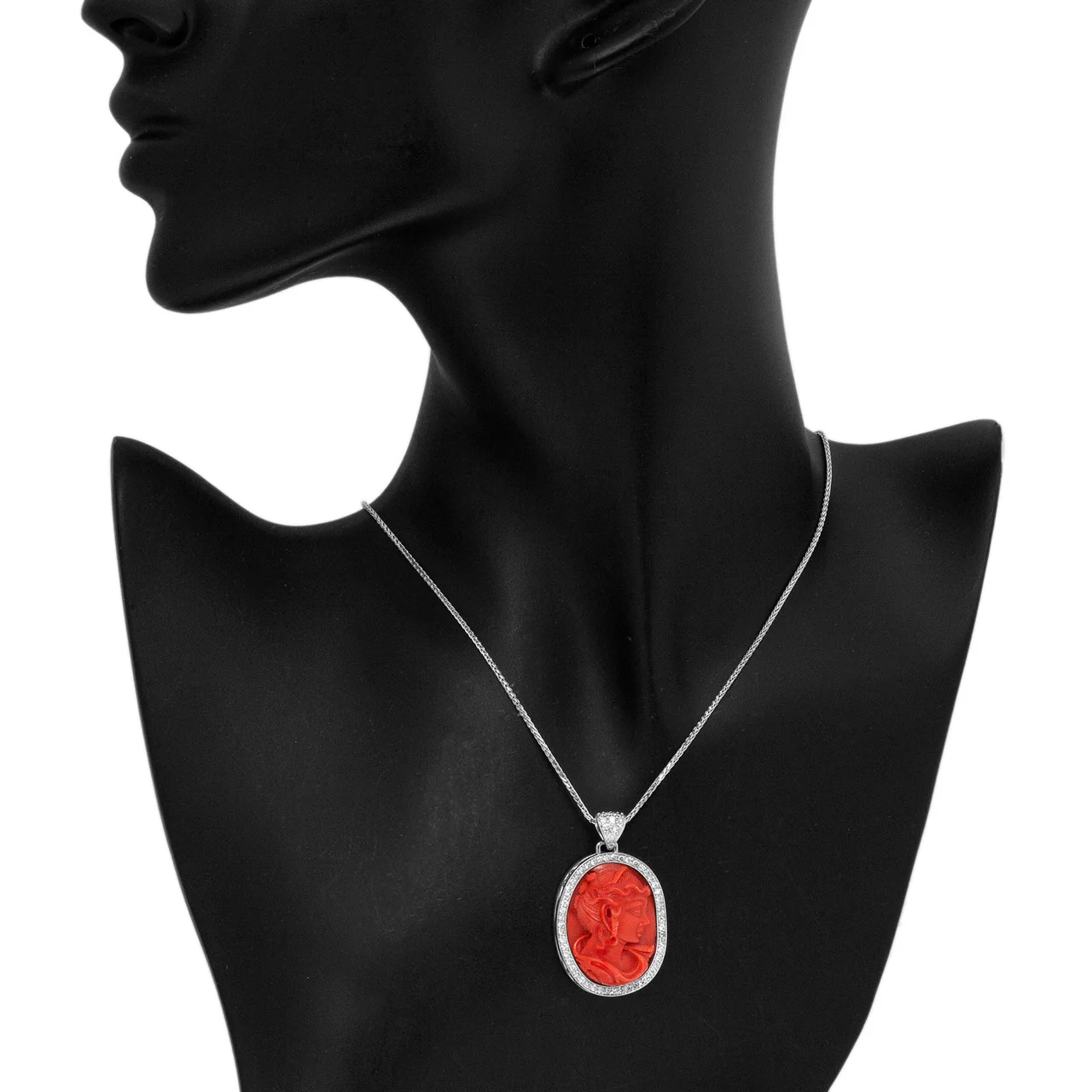 18K White Gold Carved Coral Cameo Pendant - Image 4