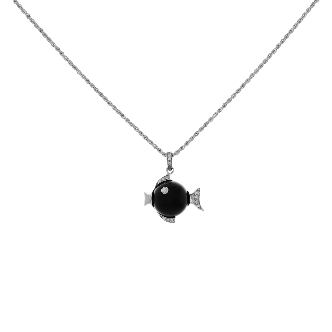 18K White Gold Damiani Onyx Fish Pendant