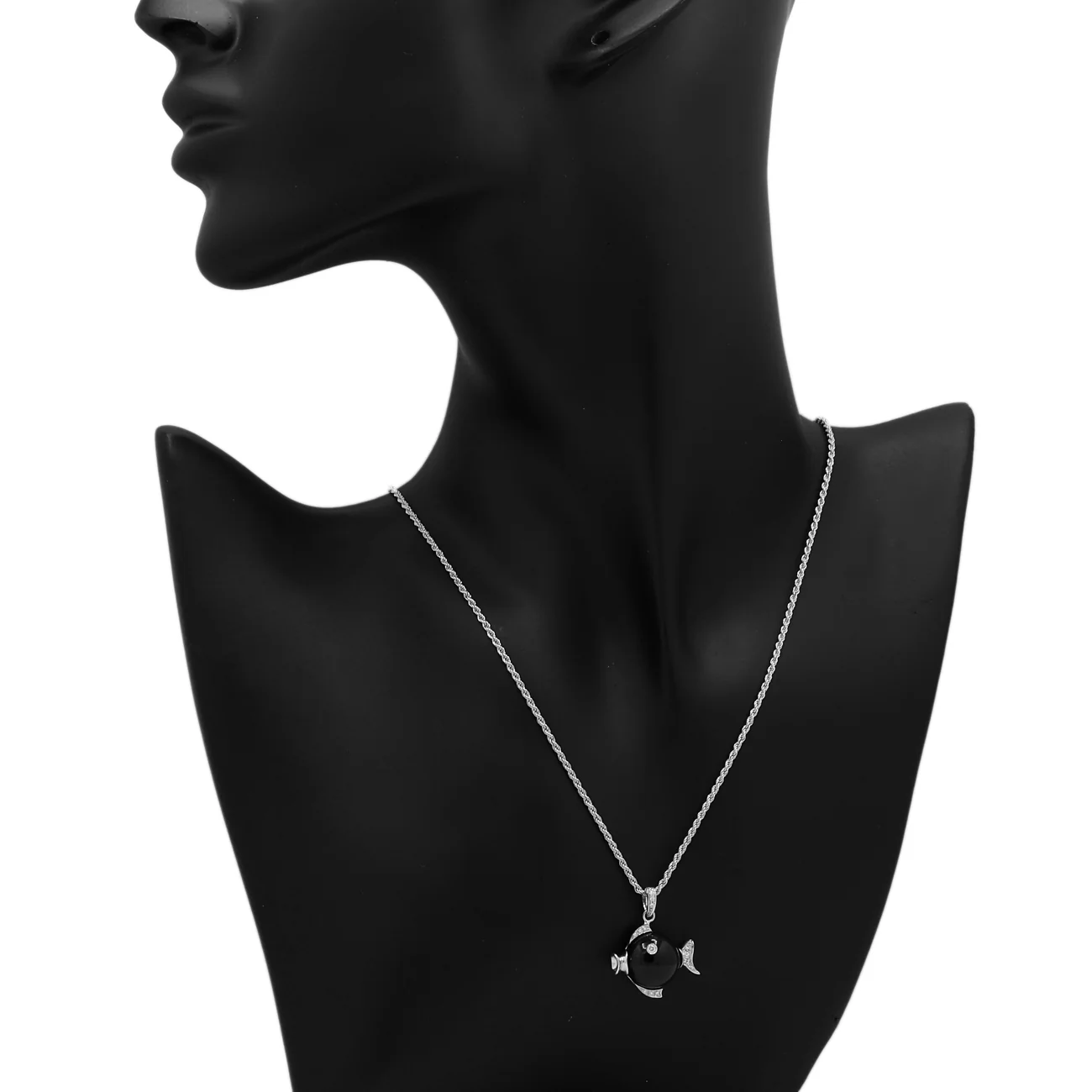 18K White Gold Damiani Onyx Fish Pendant - Image 5