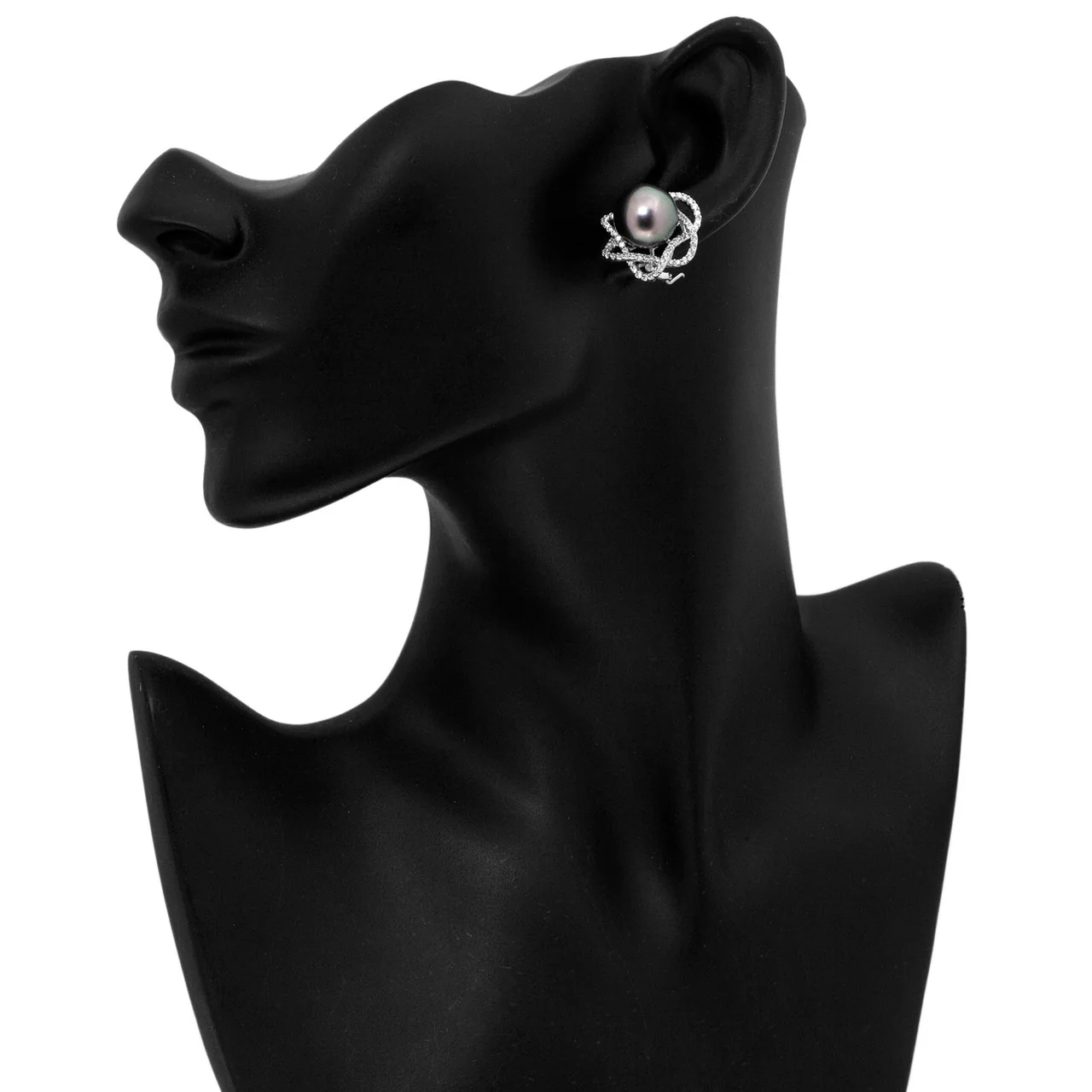 18K White Gold Diamond Framed Tahitian Black Pearl Earrings - Image 3