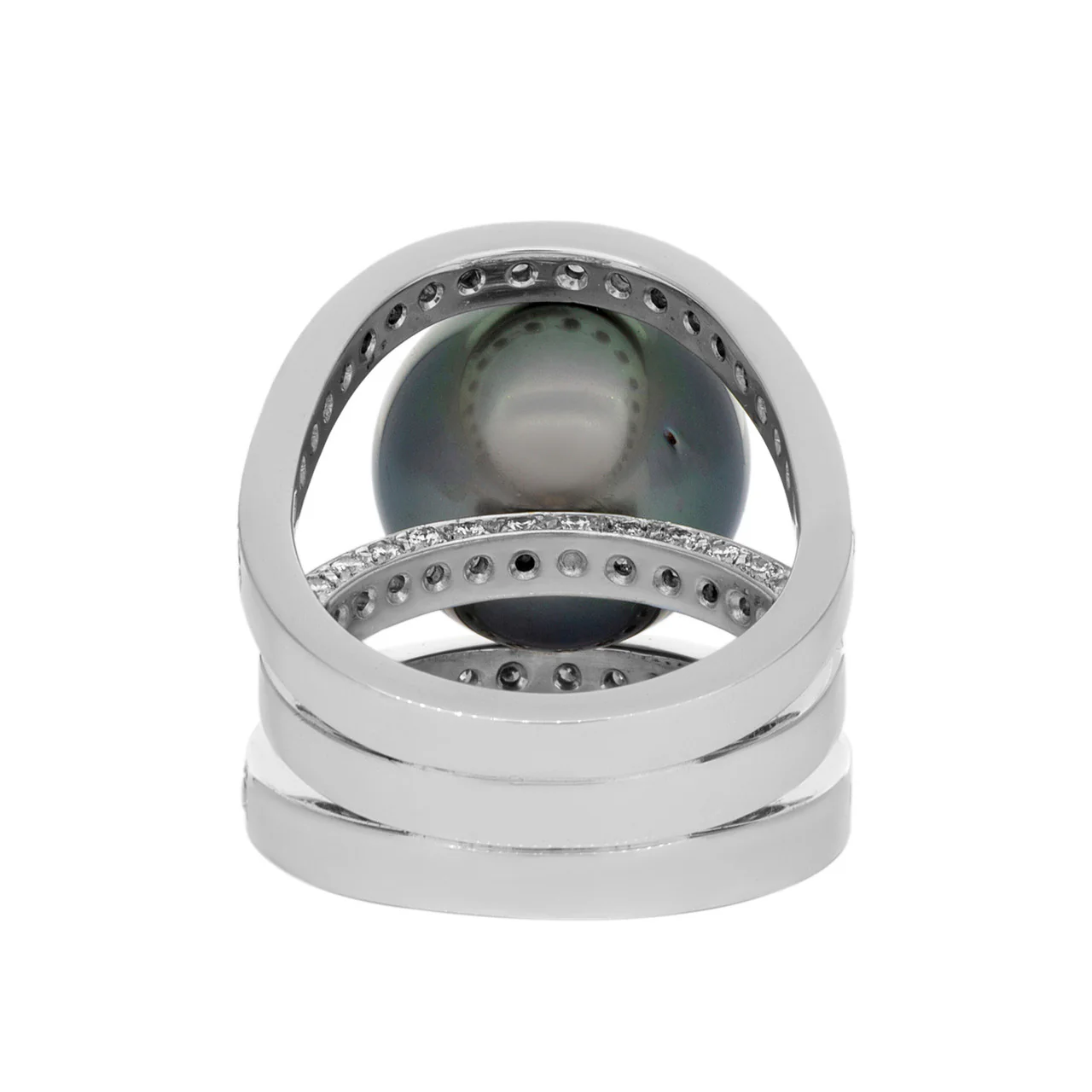 18K White Gold Diamond Tahitian Black Pearl Ring - Image 3