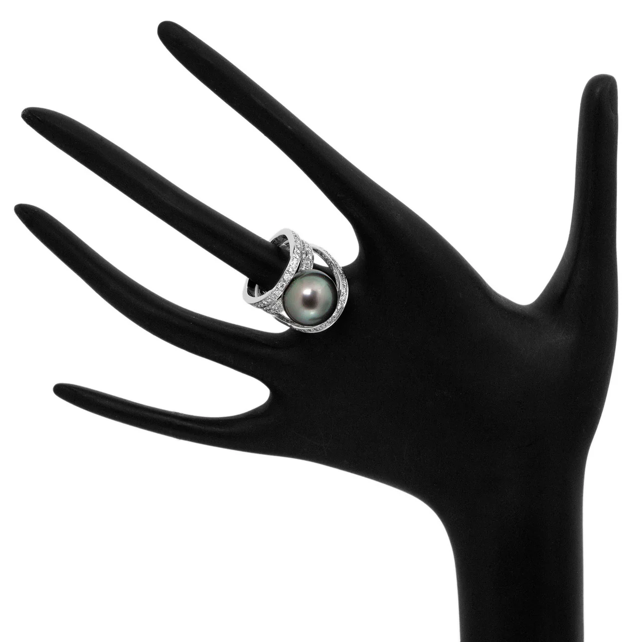 18K White Gold Diamond Tahitian Black Pearl Ring - Image 4
