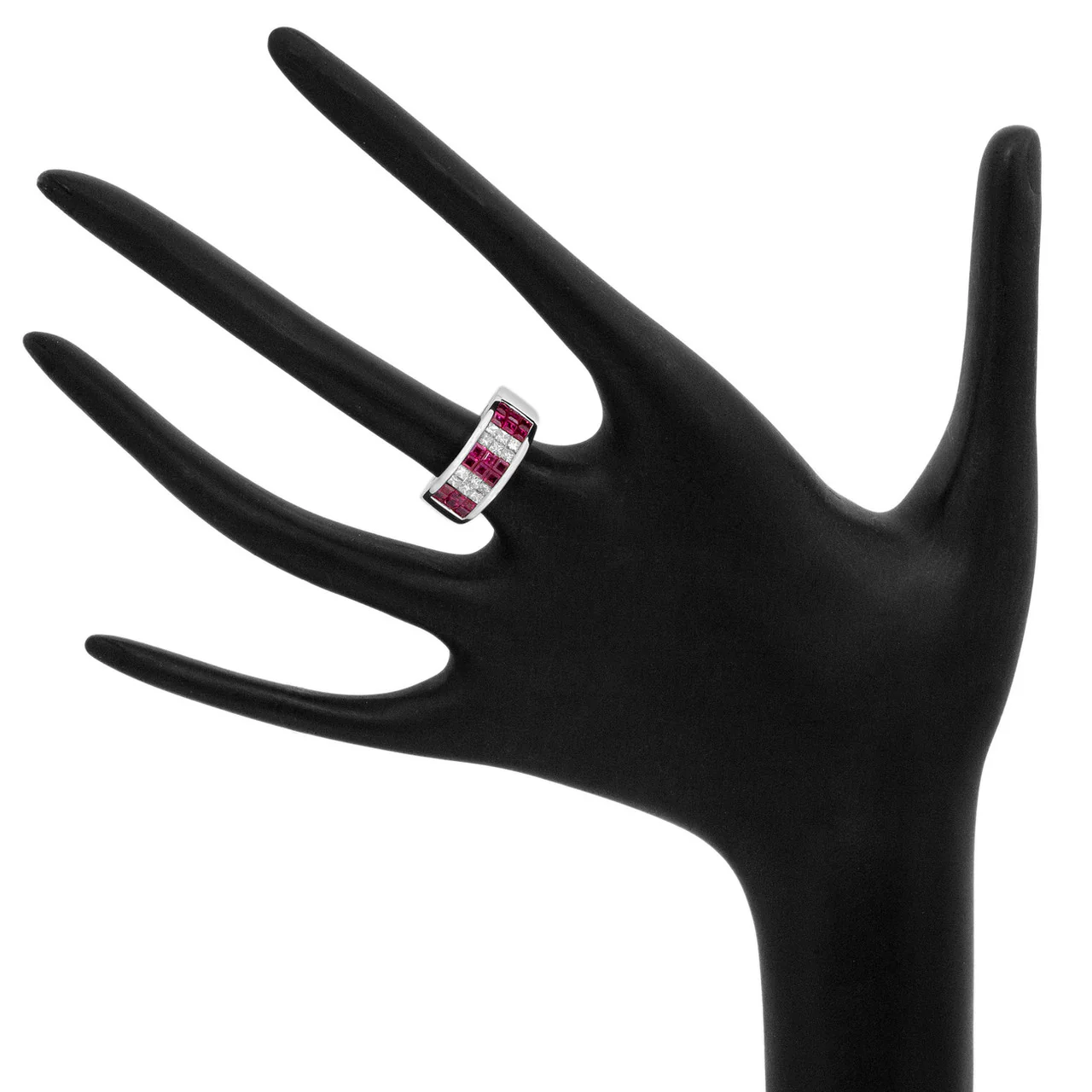 18K White Gold Ruby Diamond Invisible Set Ring - Image 3