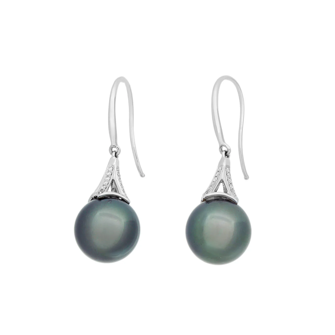 18K White Gold Tahitian Black Pearl Diamond Earrings