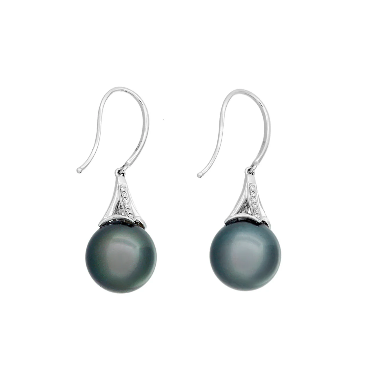 18K White Gold Tahitian Black Pearl Diamond Earrings - Image 2