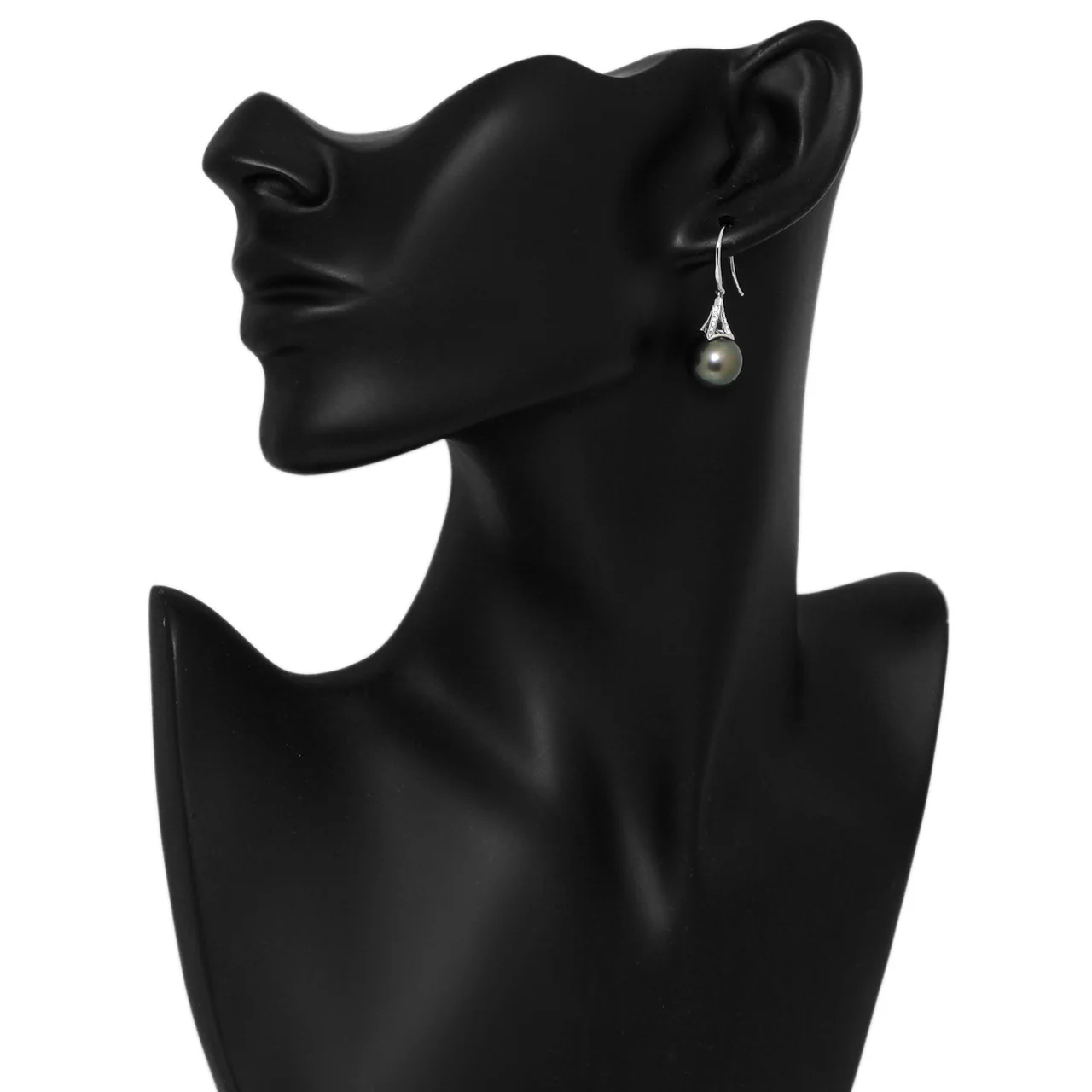 18K White Gold Tahitian Black Pearl Diamond Earrings - Image 3