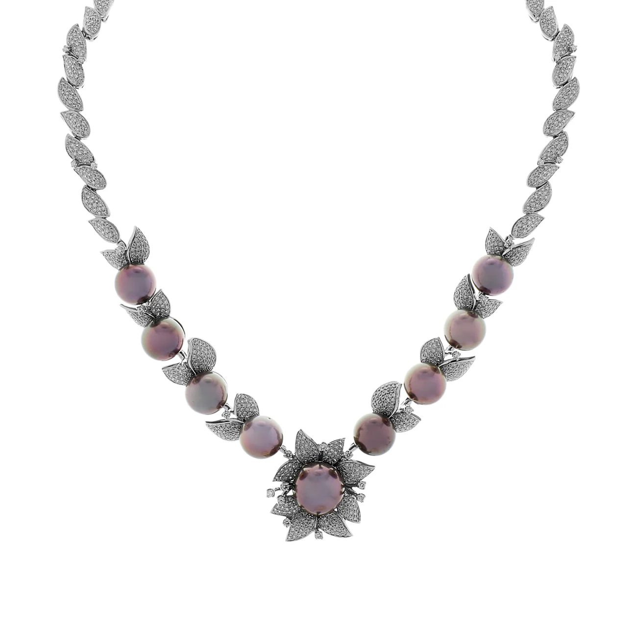 18K White Gold Tahitian Pearl Blossom Diamond Necklace