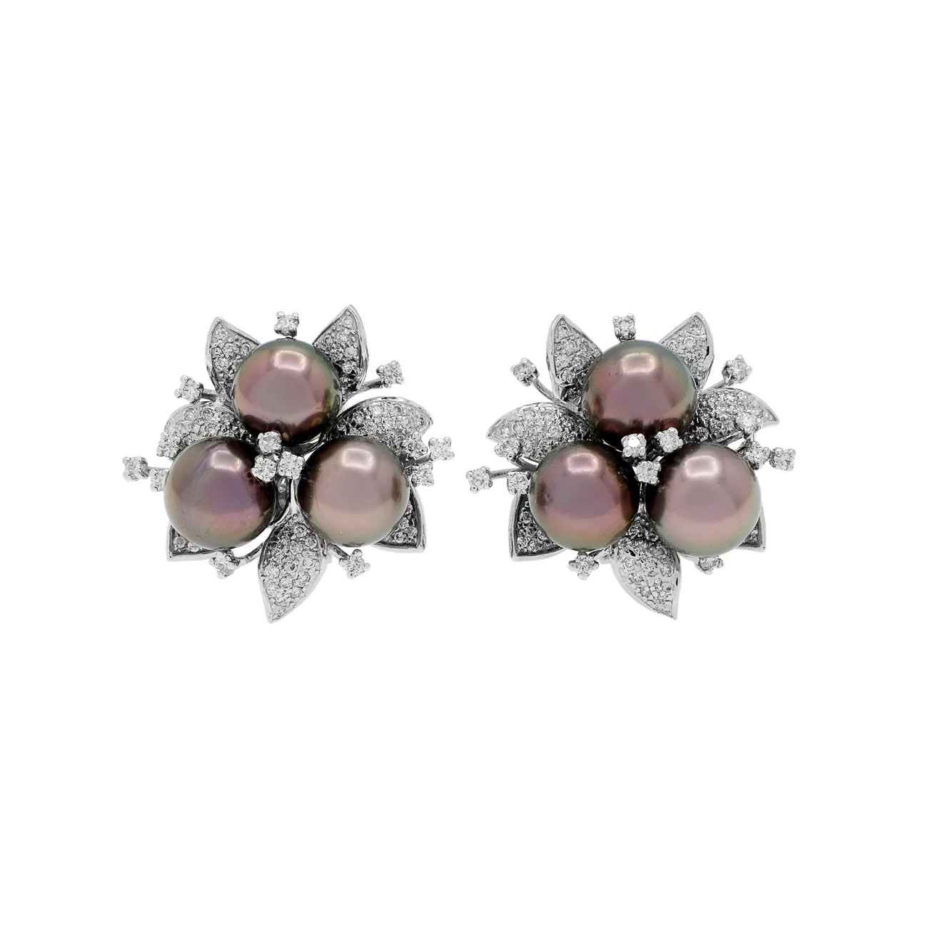 18K White Gold Trefoil Cluster Tahitian Pearl Floral Earrings