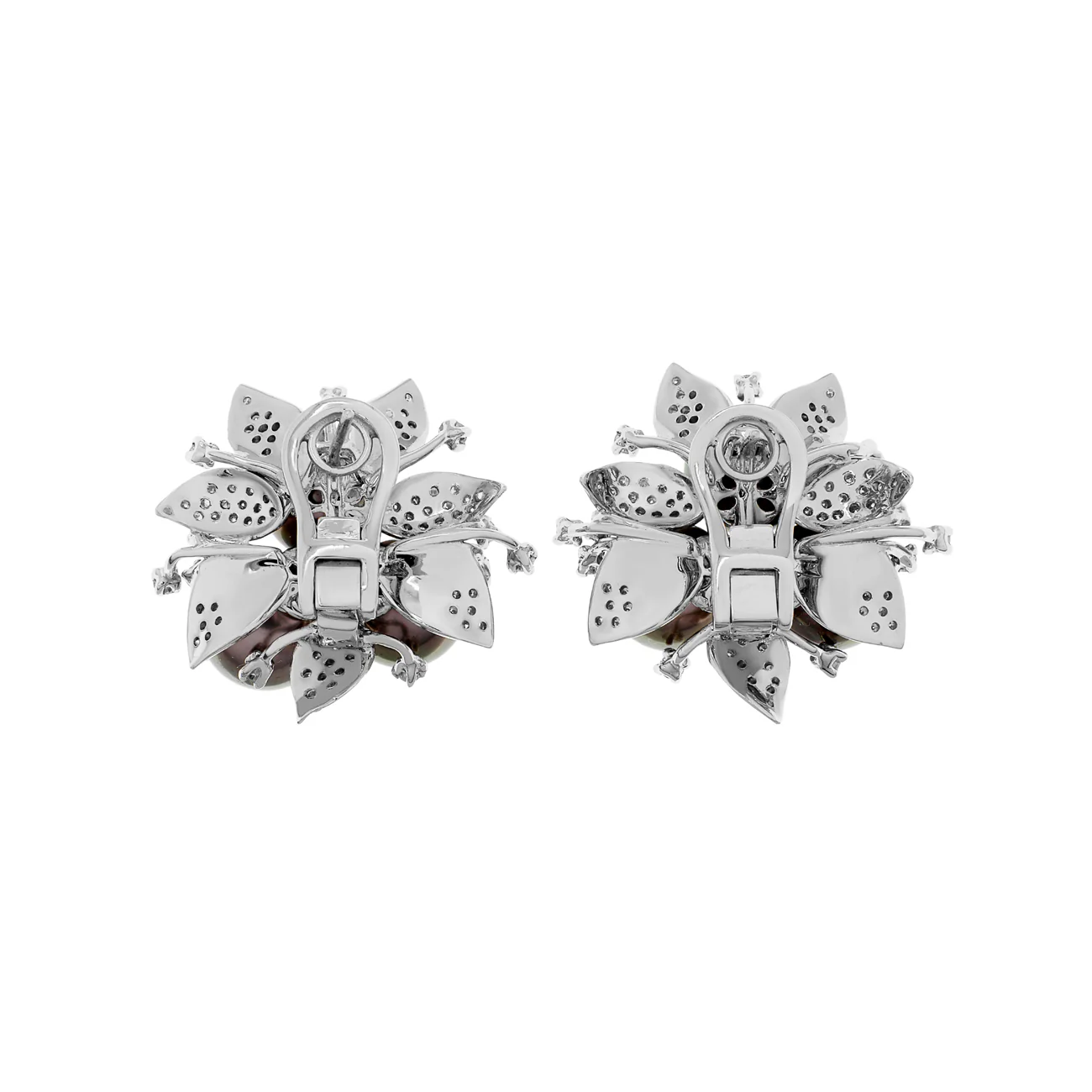 18K White Gold Trefoil Cluster Tahitian Pearl Floral Earrings - Image 2