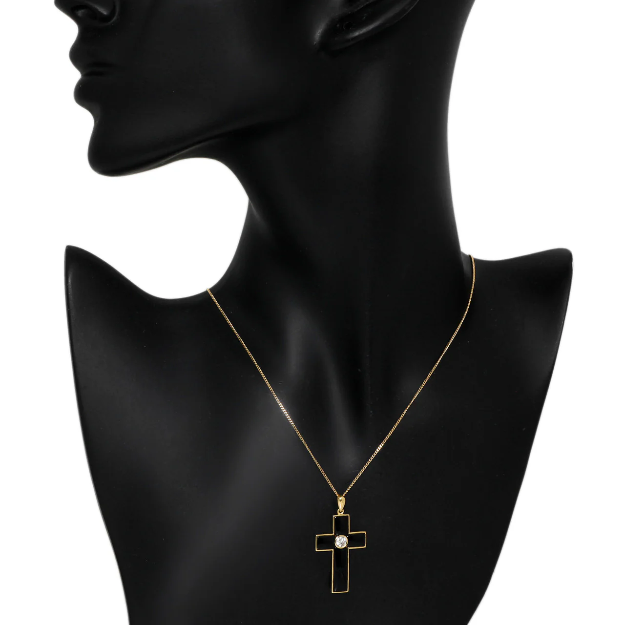 18K Yellow Gold 0.30 Carat Diamond Onyx Cross Pendant - Image 3