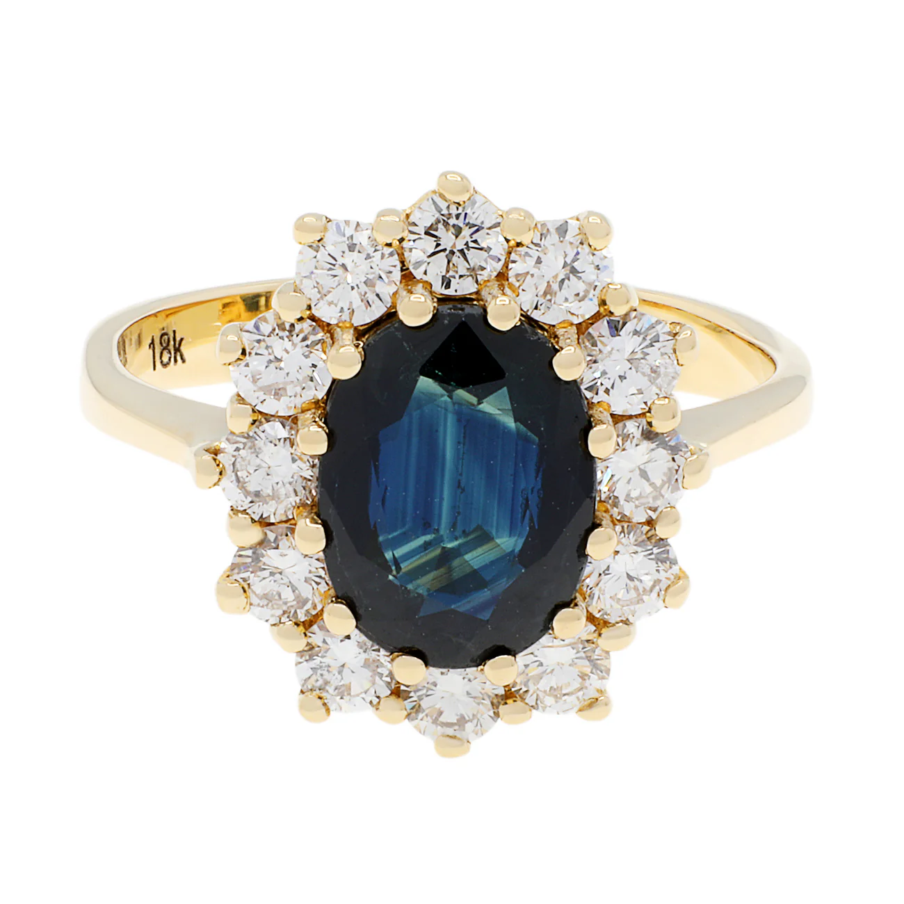 18K Yellow Gold 1.34 Carat Oval Sapphire Diamond Halo Ring