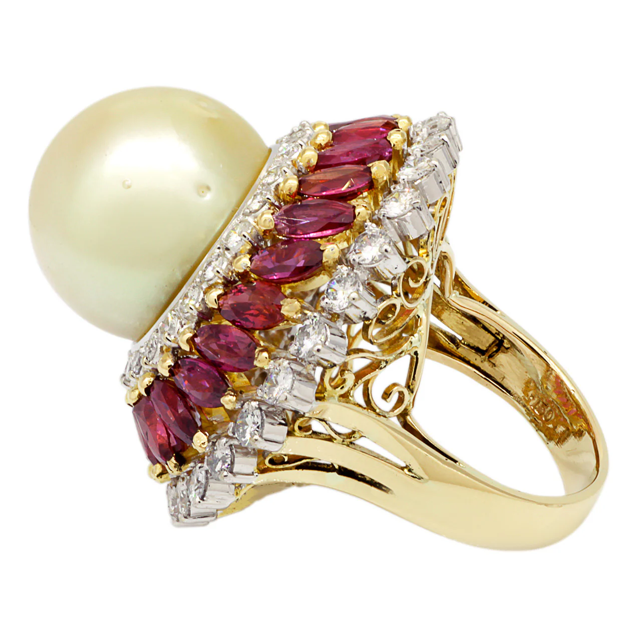 18K Yellow Gold South Sea Pearl, Ruby & Diamond Ring - Image 2