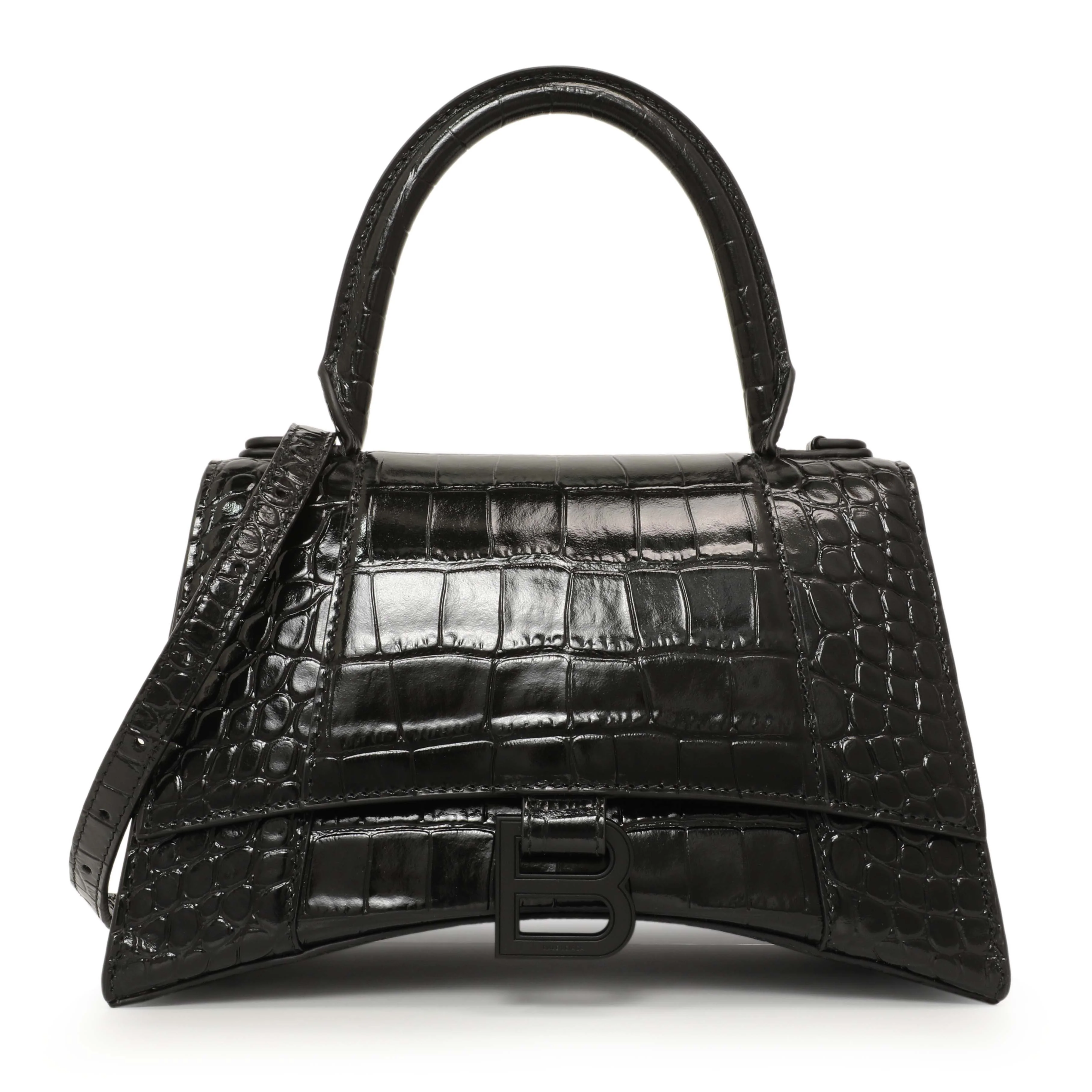 Balenciaga Black Monochrome Crocodile Embossed Calfskin Small Hourglass Top Handle Bag