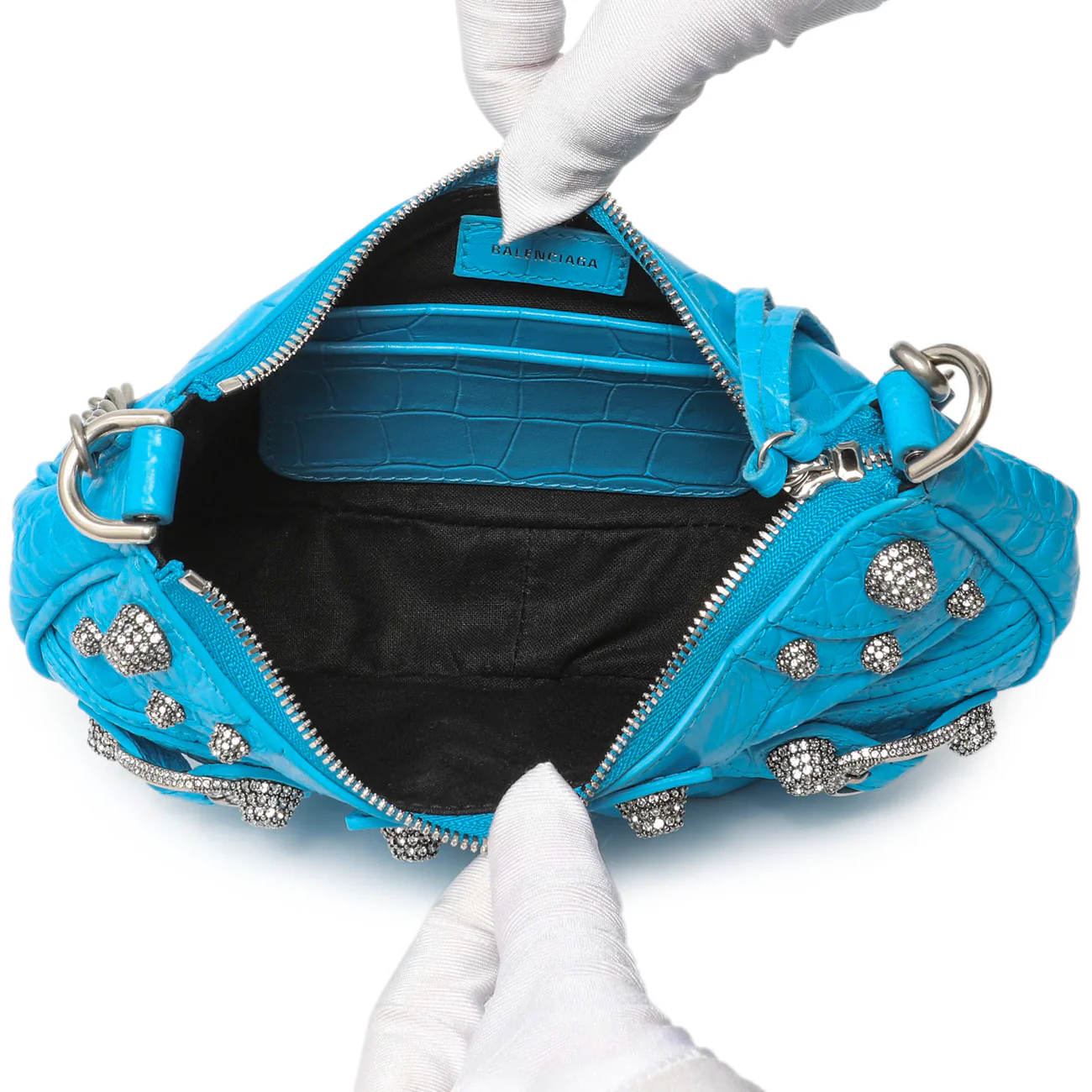 Balenciaga Blue Crocodile Embossed Calfskin Crystal Le Cagole Mini Purse With Chain - Image 4