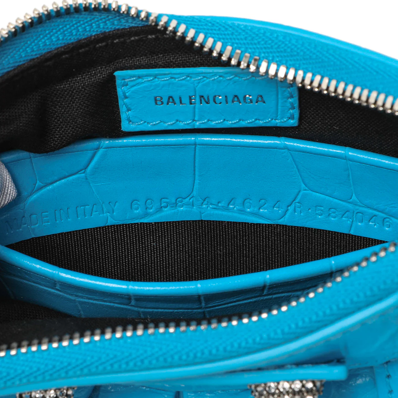 Balenciaga Blue Crocodile Embossed Calfskin Crystal Le Cagole Mini Purse With Chain - Image 6