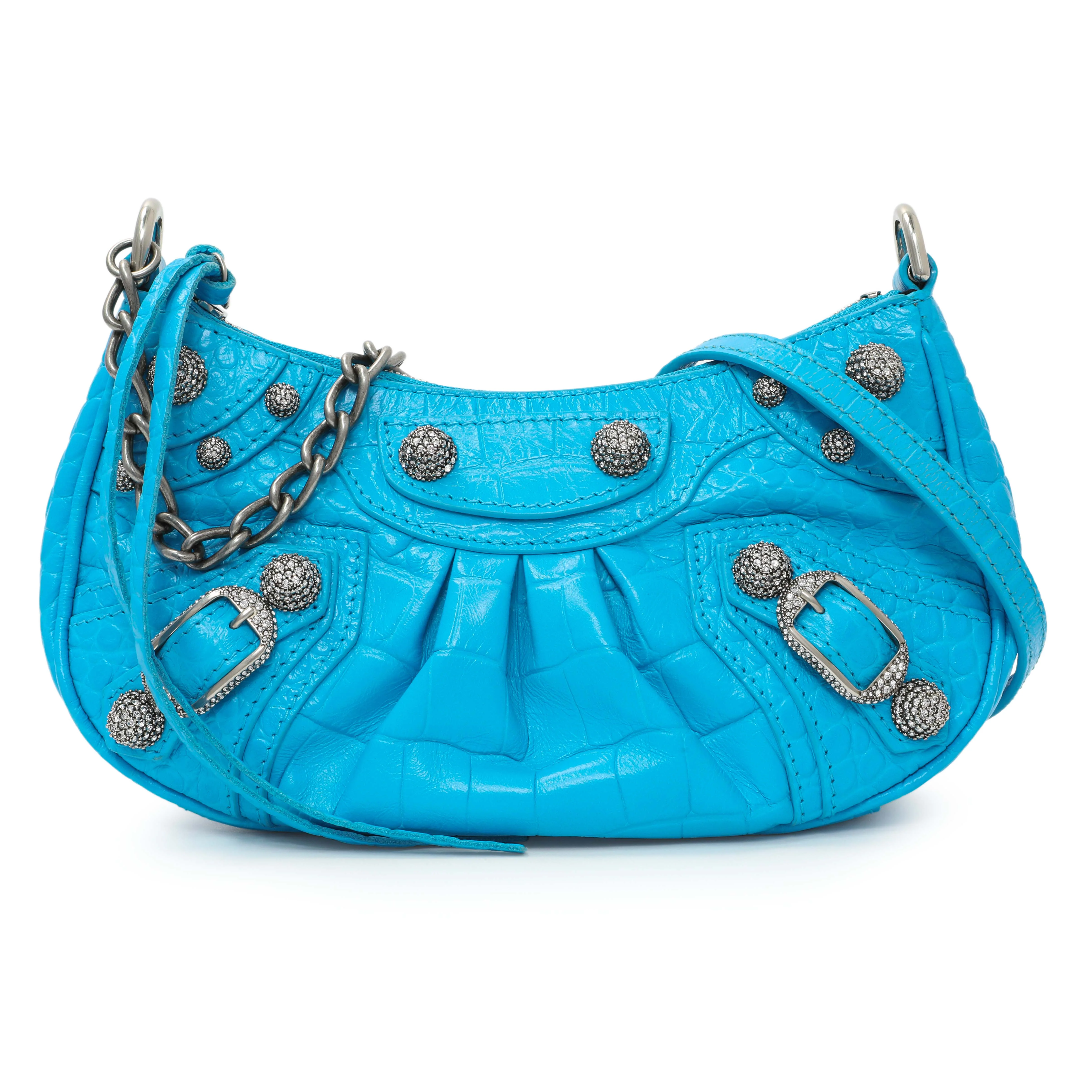 Balenciaga Blue Crocodile Embossed Calfskin Crystal Le Cagole Mini Purse With Chain