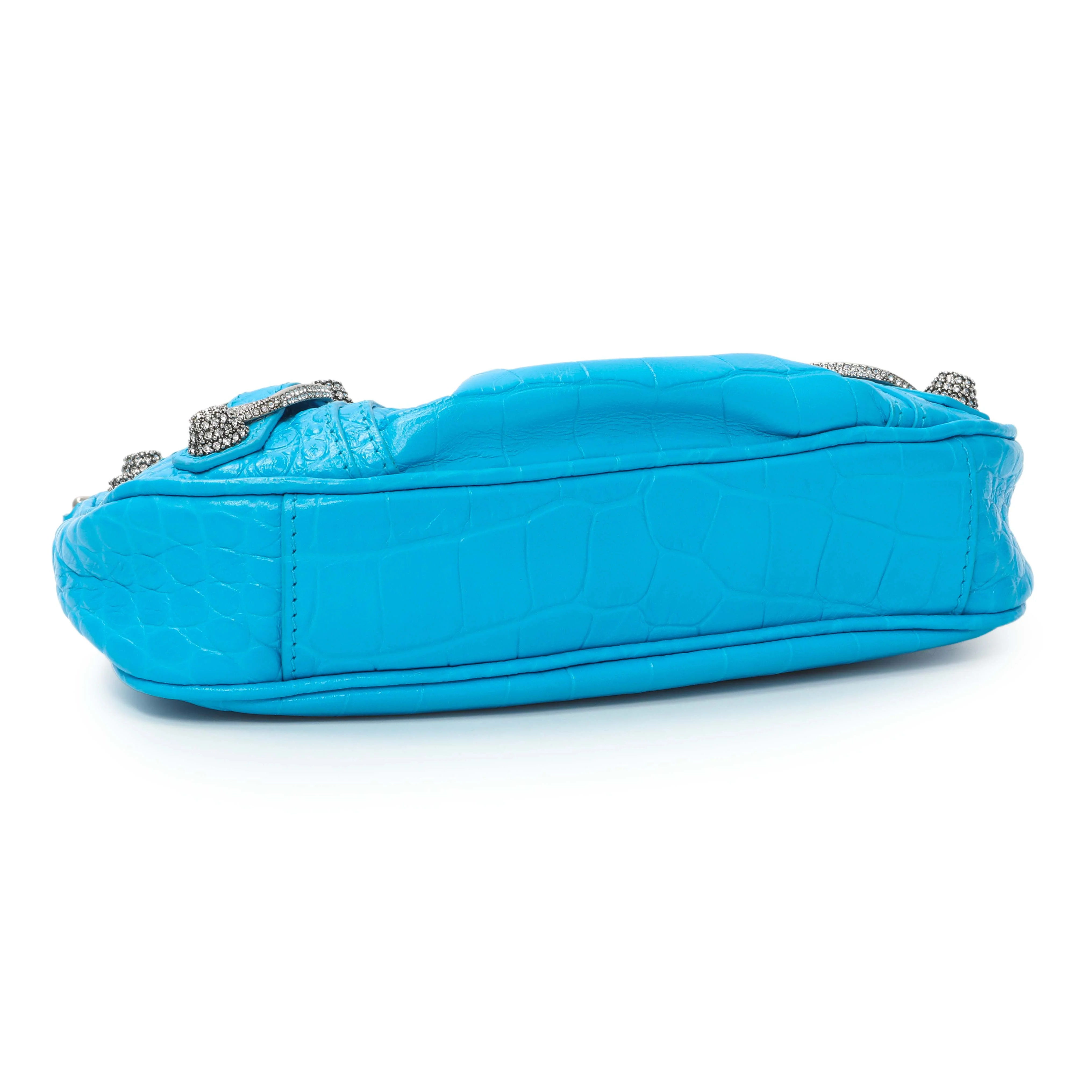Balenciaga Blue Crocodile Embossed Calfskin Crystal Le Cagole Mini Purse With Chain - Image 3