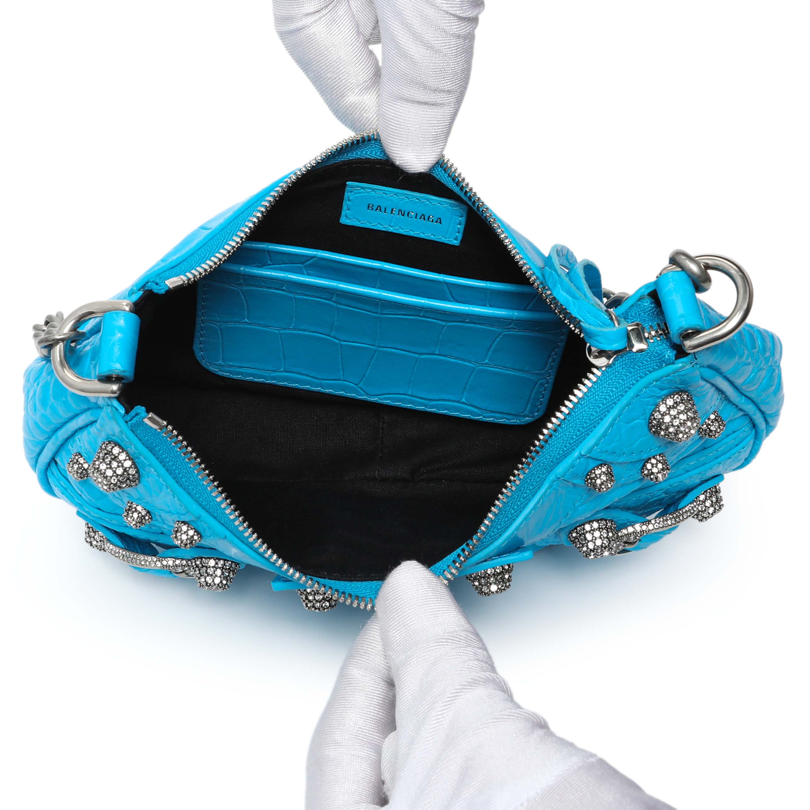 Balenciaga Blue Crocodile Embossed Calfskin Crystal Le Cagole Mini Purse With Chain - Image 4
