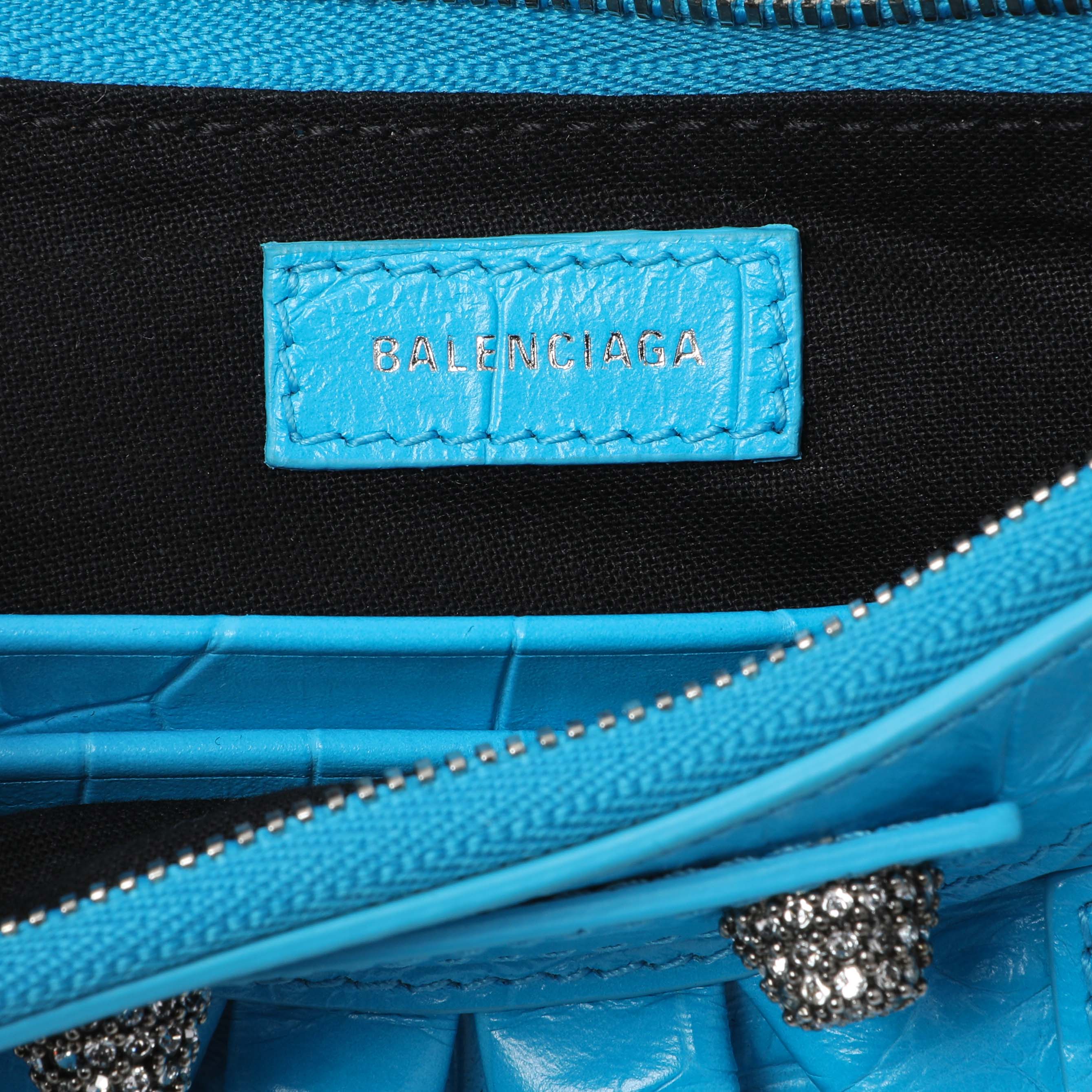 Balenciaga Blue Crocodile Embossed Calfskin Crystal Le Cagole Mini Purse With Chain - Image 5