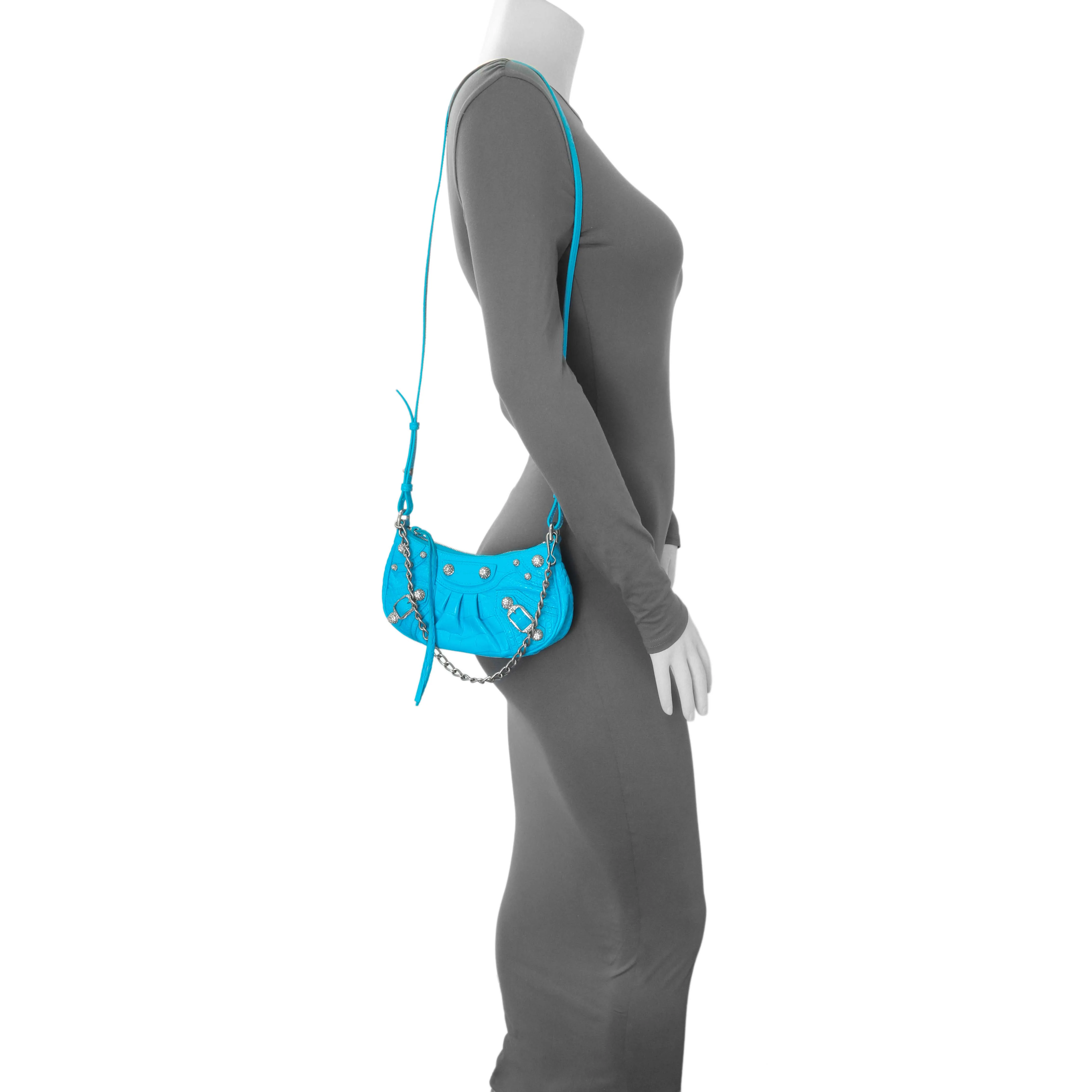 Balenciaga Blue Crocodile Embossed Calfskin Crystal Le Cagole Mini Purse With Chain - Image 7