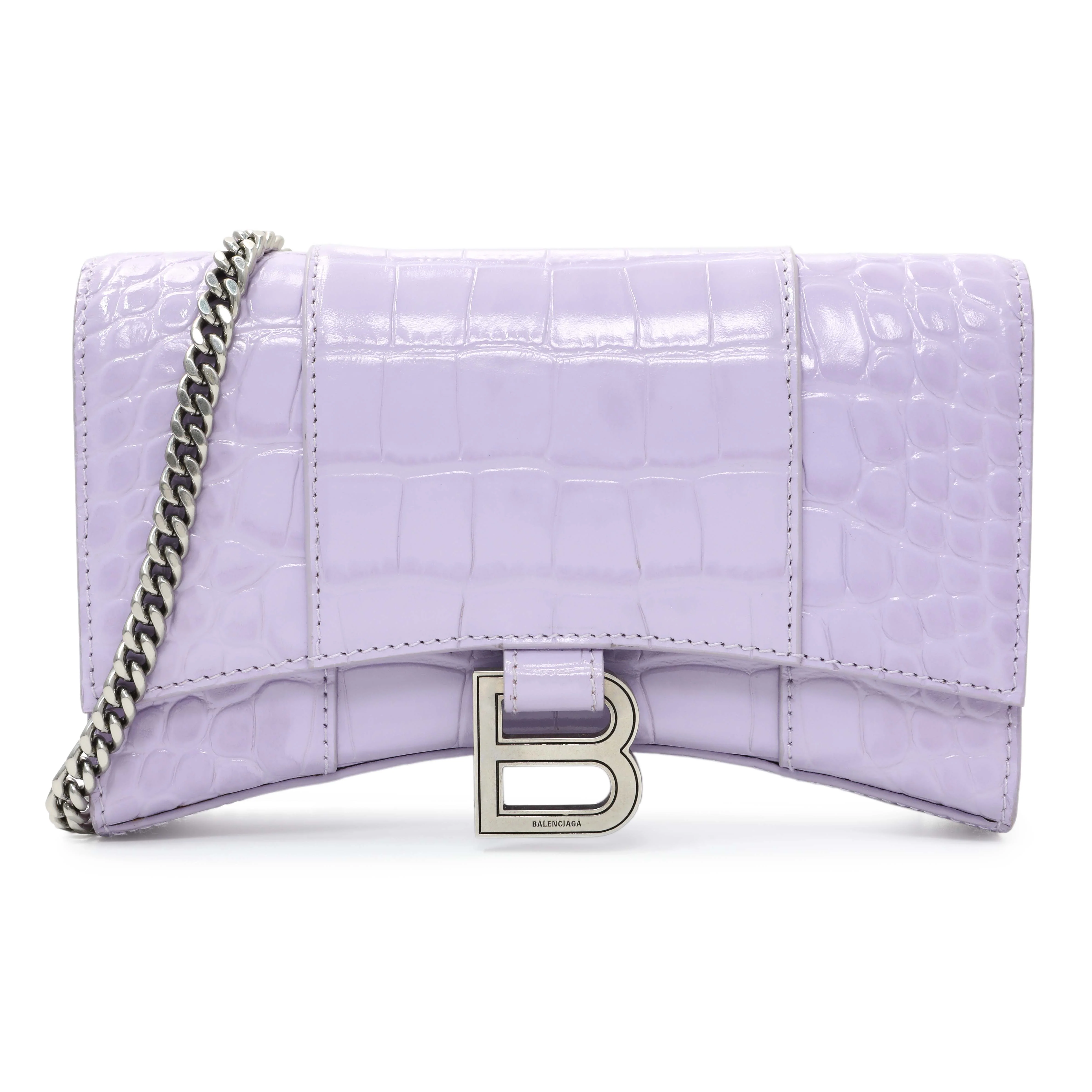 Balenciaga Lilac Shiny Calfskin Crocodile Embossed Hourglass Chain Bag