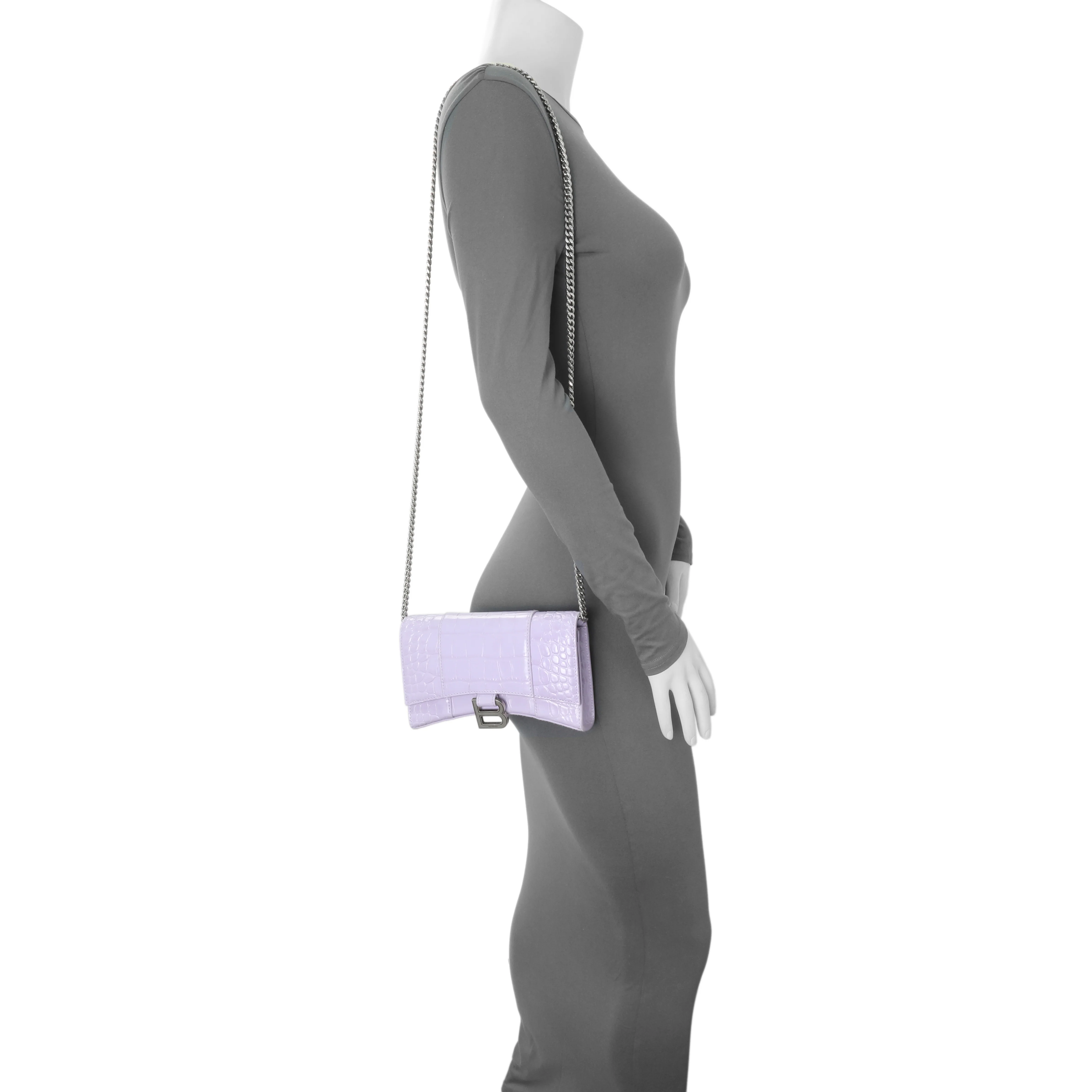 Balenciaga Lilac Shiny Calfskin Crocodile Embossed Hourglass Chain Bag - Image 11