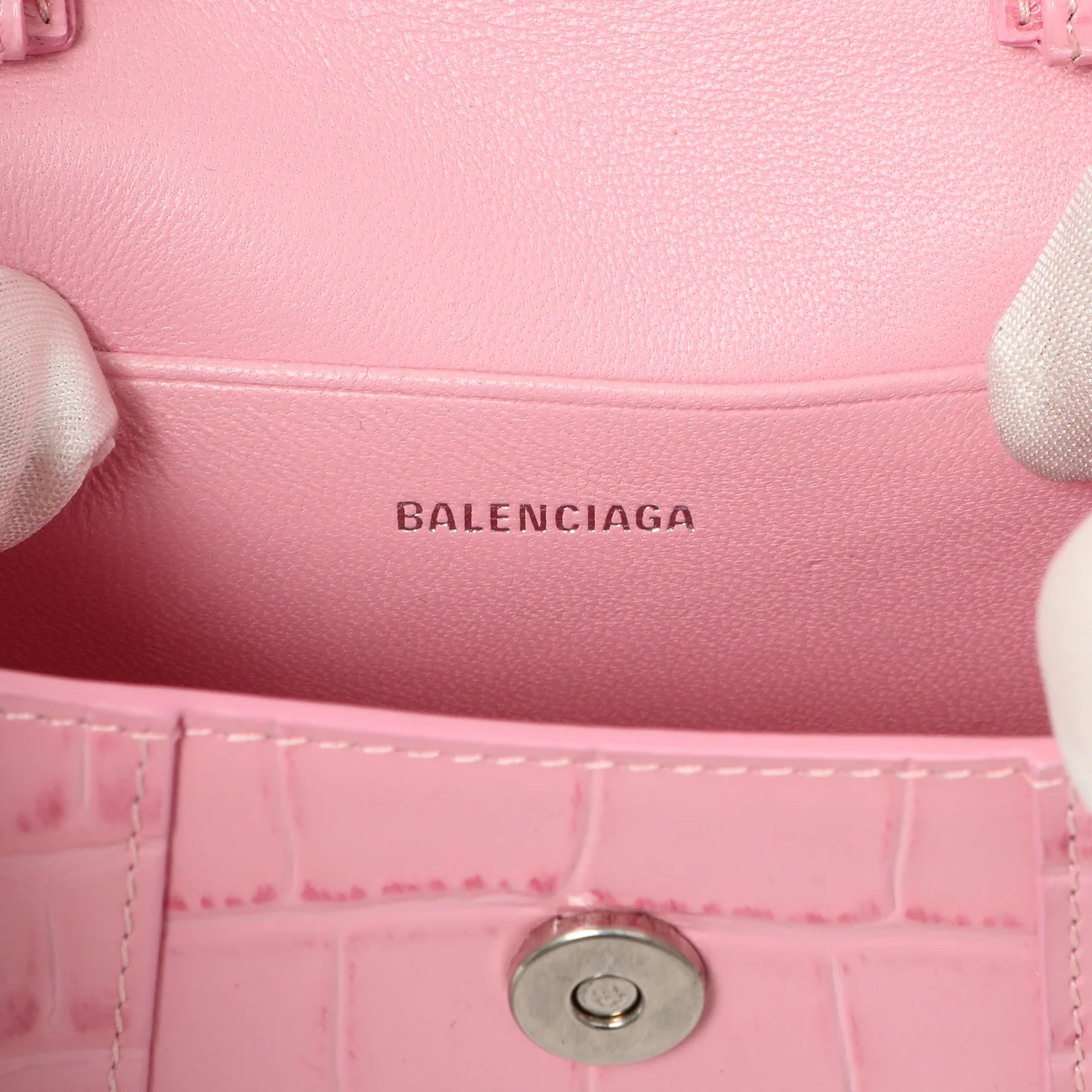 Balenciaga Pink Crocodile Embossed Shiny Calfskin Mini Hourglass Top Handle Bag - Image 6