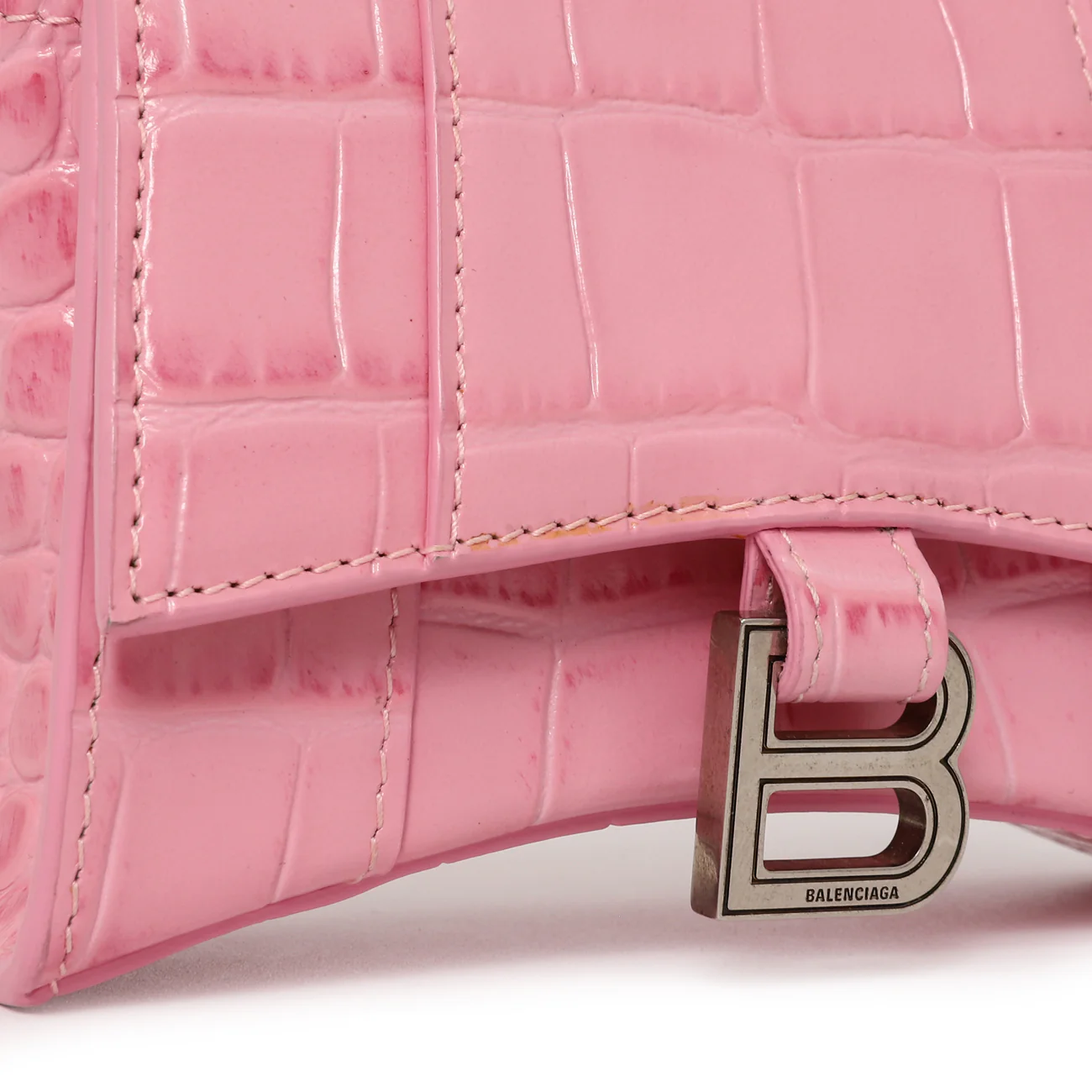 Balenciaga Pink Crocodile Embossed Shiny Calfskin Mini Hourglass Top Handle Bag - Image 9