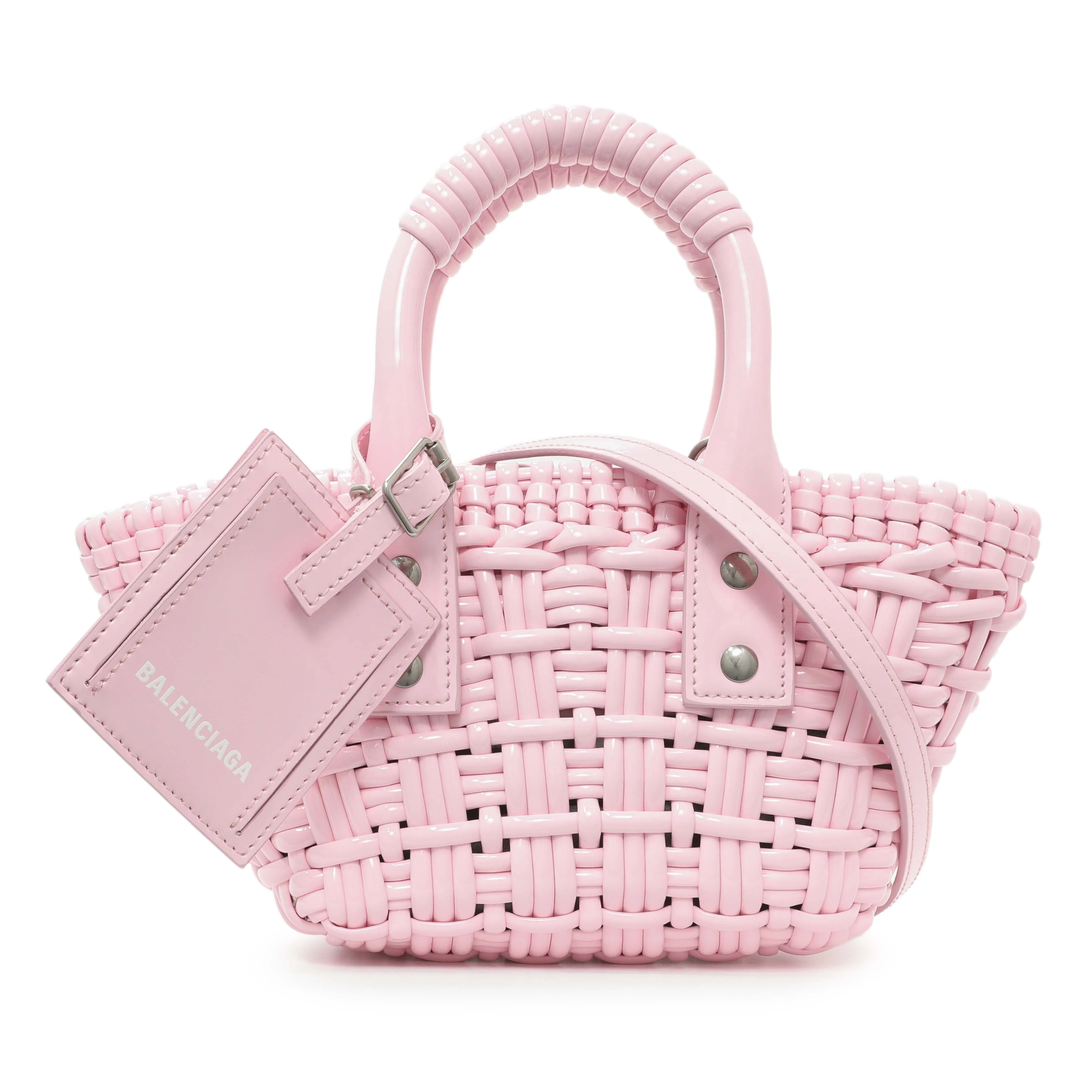 Balenciaga Pink Faux Calfskin Braided Varnished XXS Bistro Basket