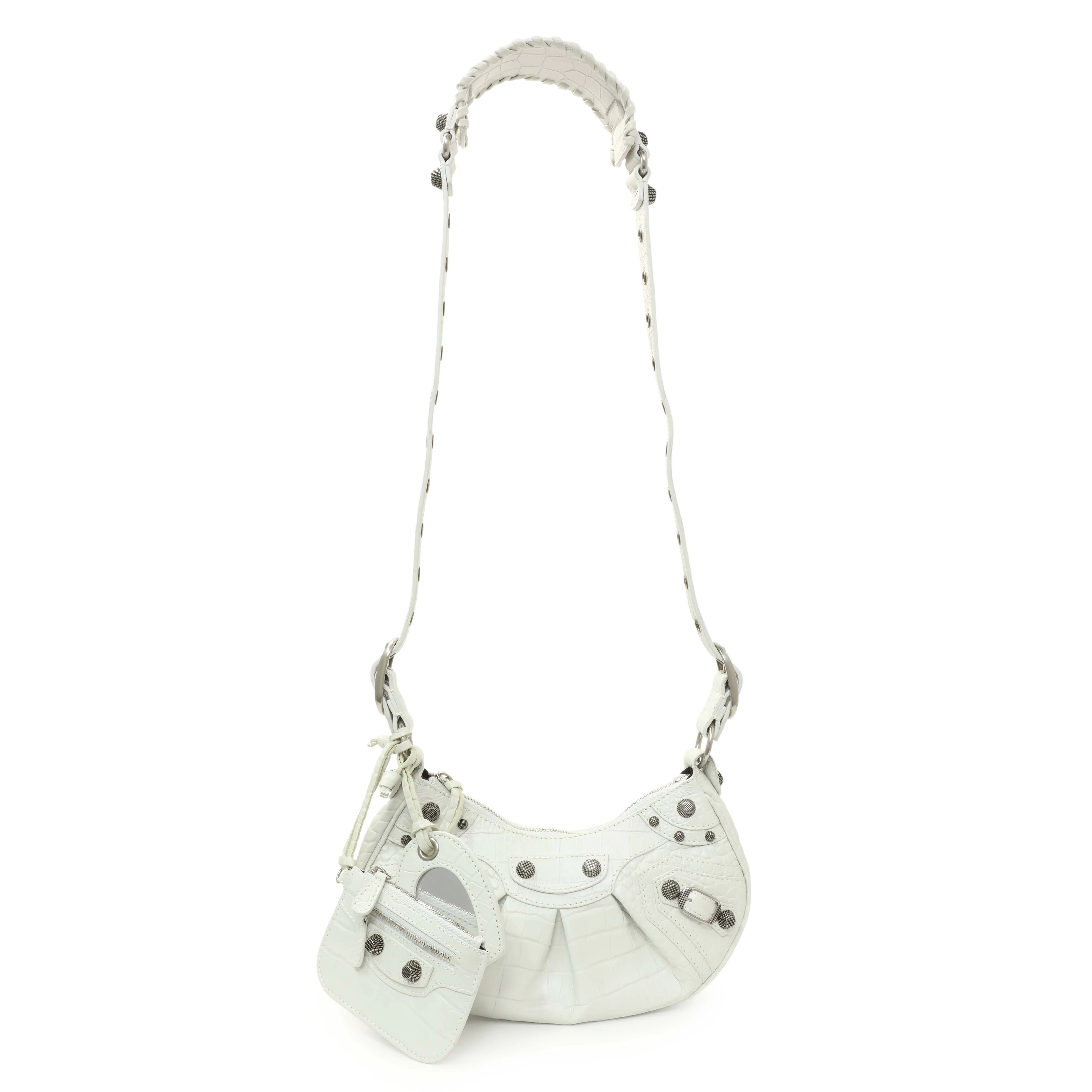 Balenciaga White Crocodile Embossed Calfskin Le Cagole Shoulder Bag XS