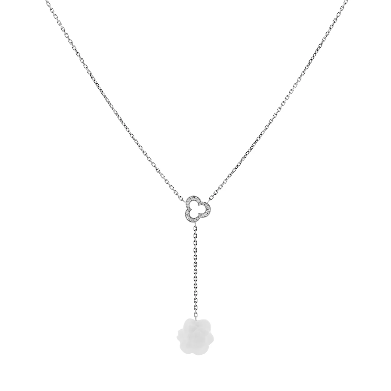 Chanel 18K White Gold Diamond Agate Camelia Sculpte Pendant Necklace