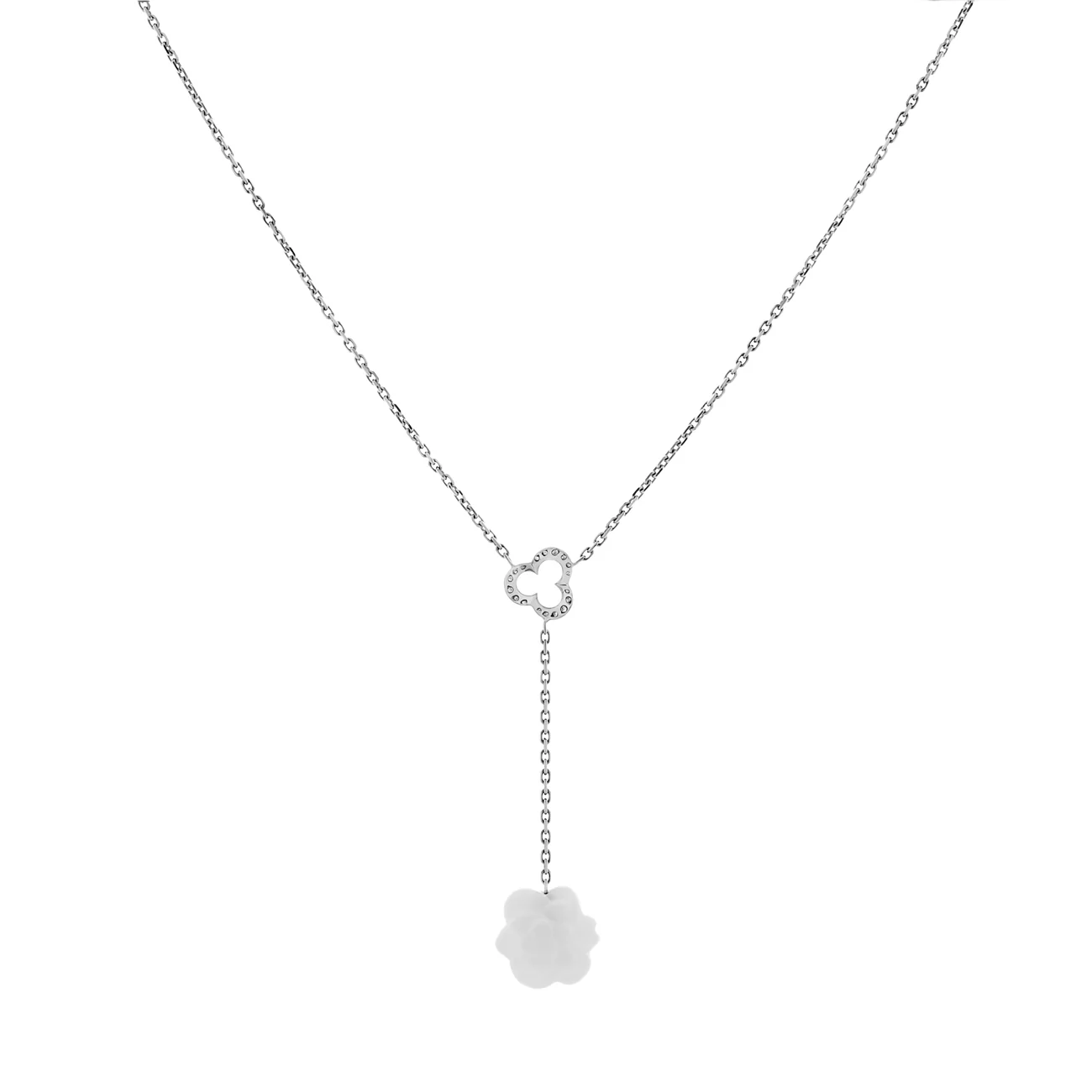 Chanel 18K White Gold Diamond Agate Camelia Sculpte Pendant Necklace - Image 2
