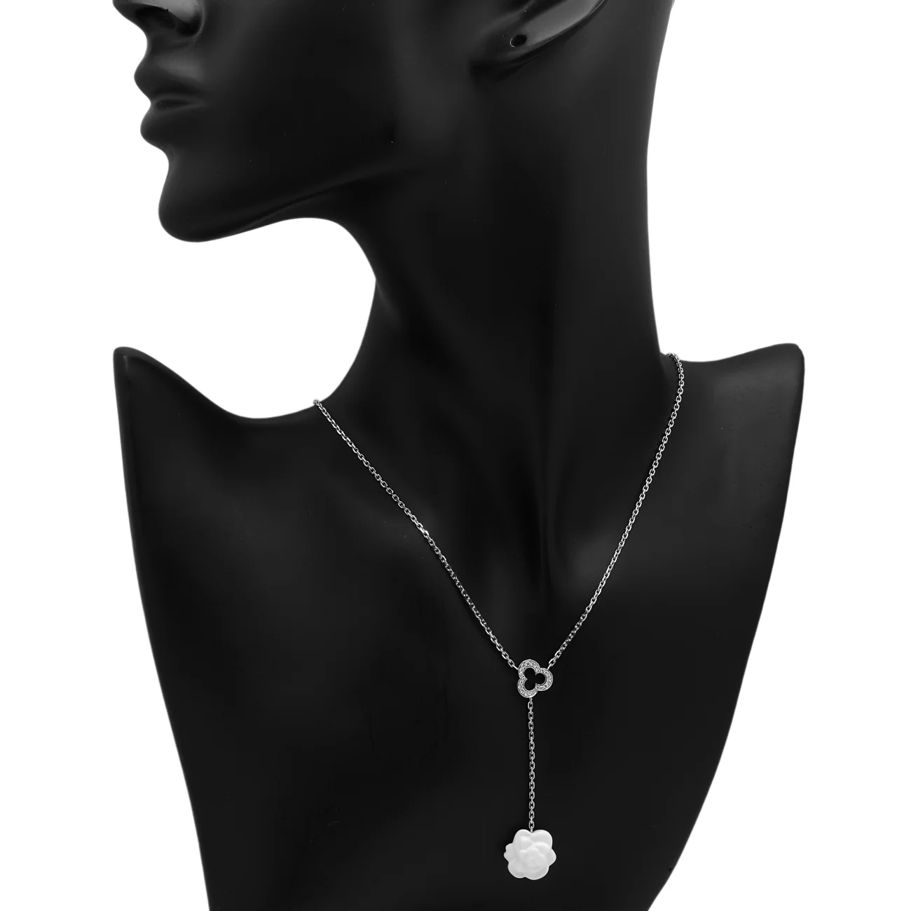 Chanel 18K White Gold Diamond Agate Camelia Sculpte Pendant Necklace - Image 4