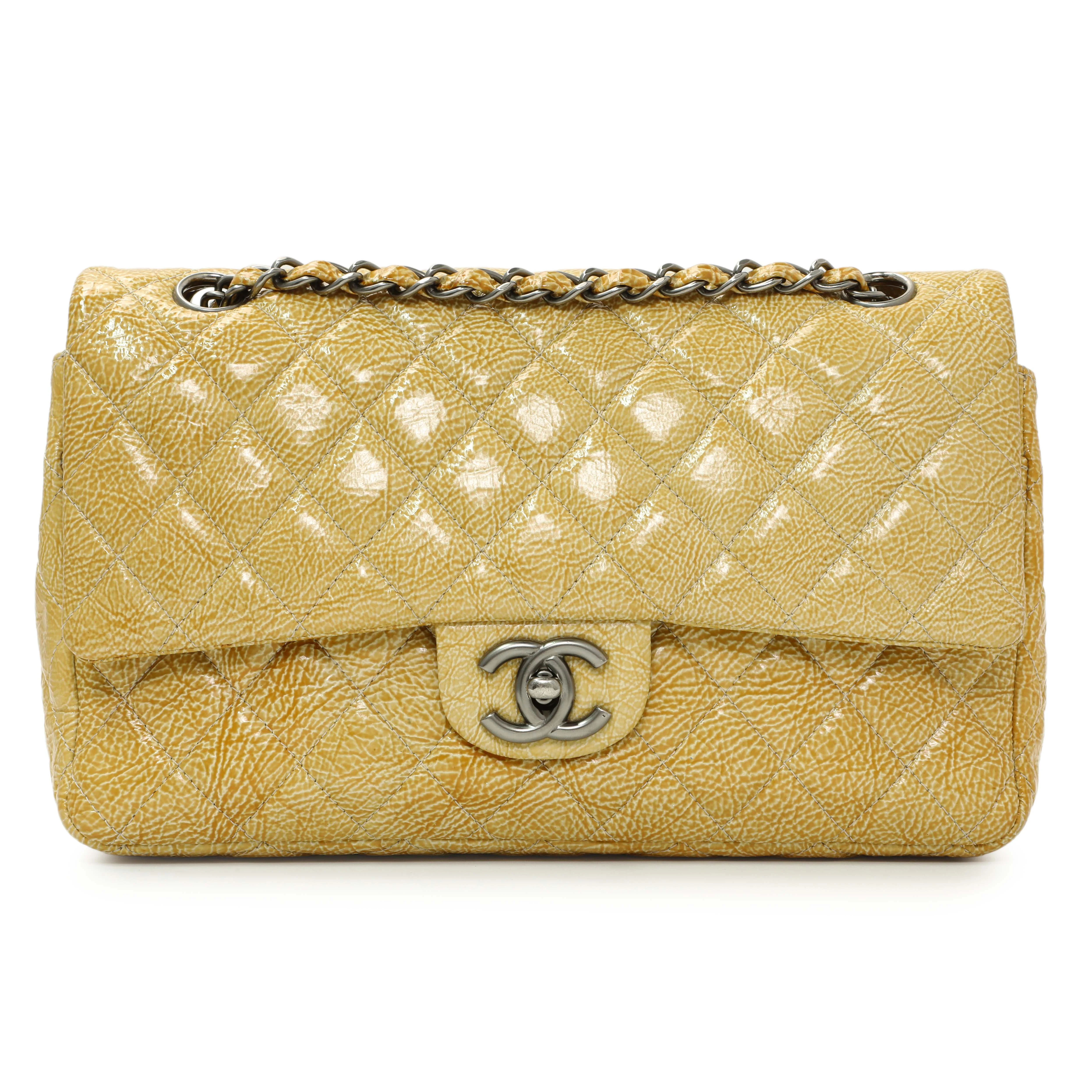 Chanel Beige Crinkled Patent Medium Double Flap