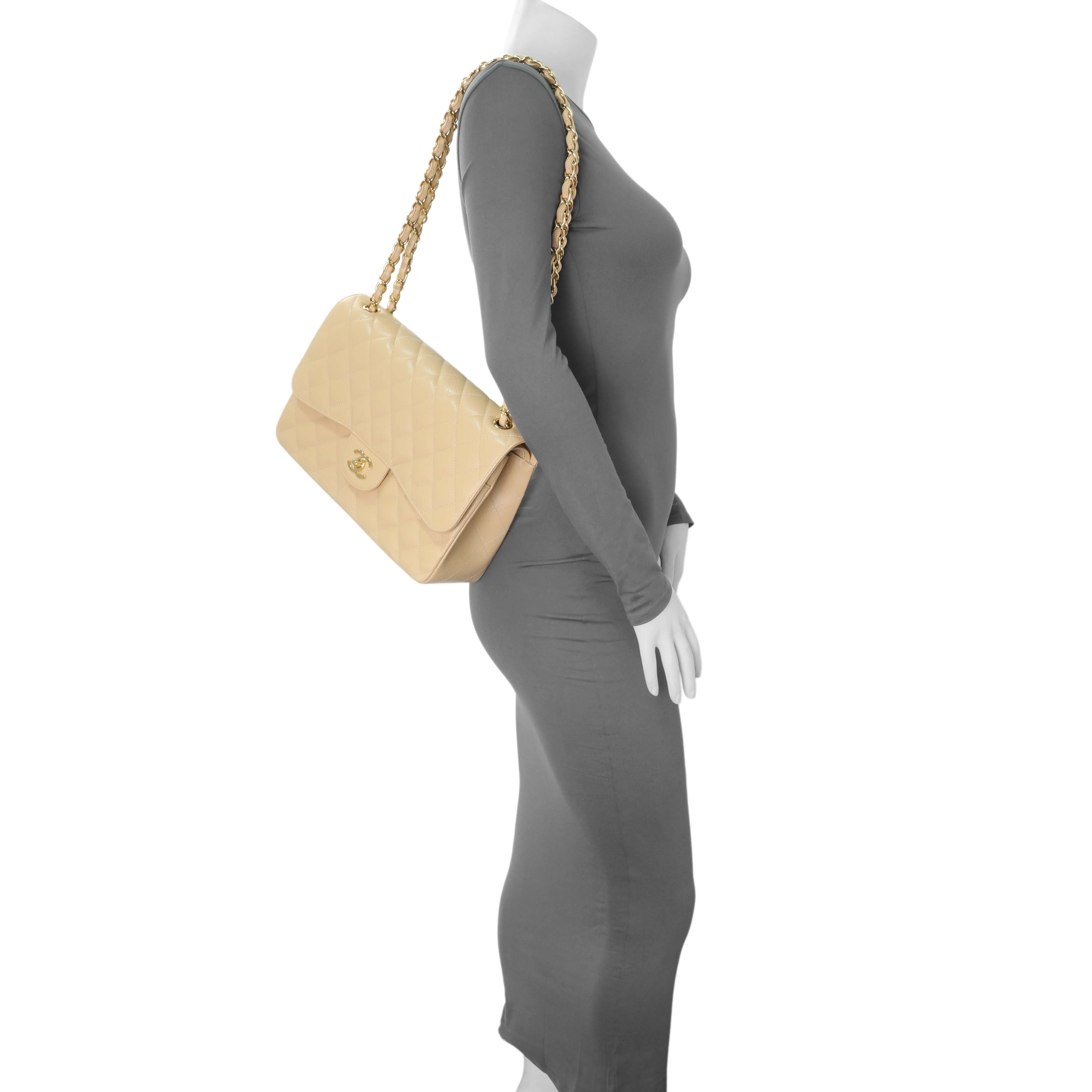 Chanel Beige Quilted Caviar Jumbo Classic Double Flap - Image 7