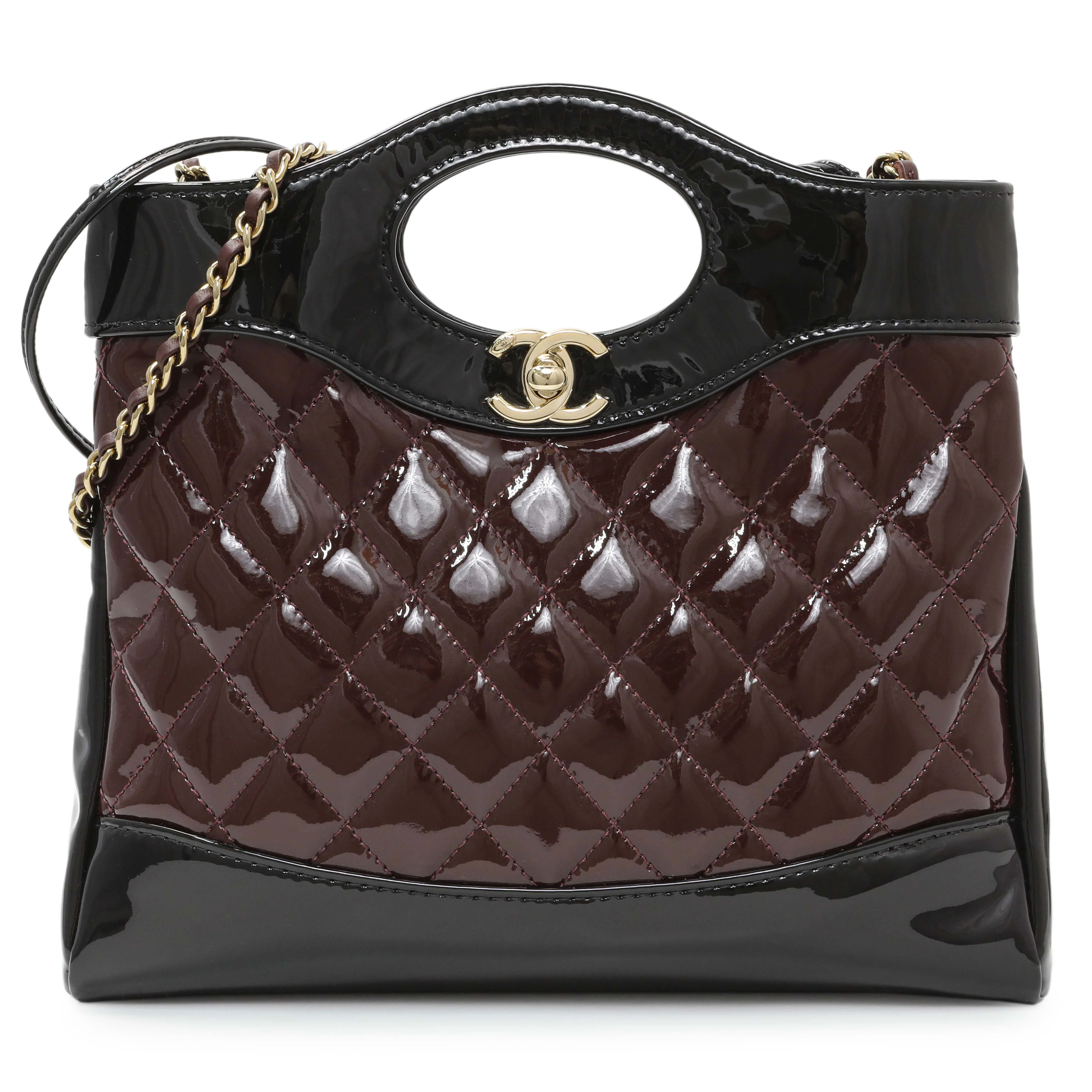 Chanel Black Burgundy Quilted Patent Mini 31 Shopping Bag