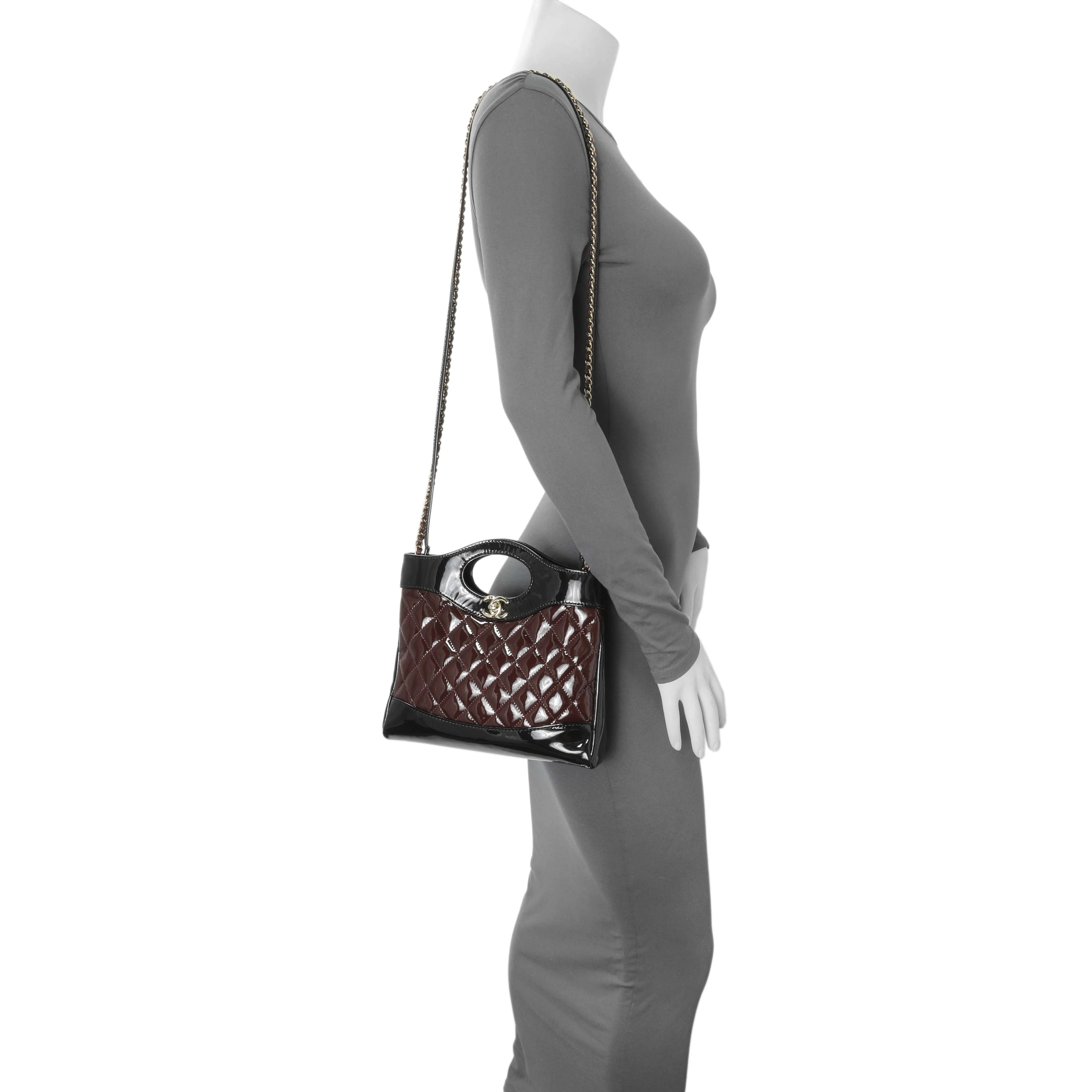 Chanel Black Burgundy Quilted Patent Mini 31 Shopping Bag - Image 7