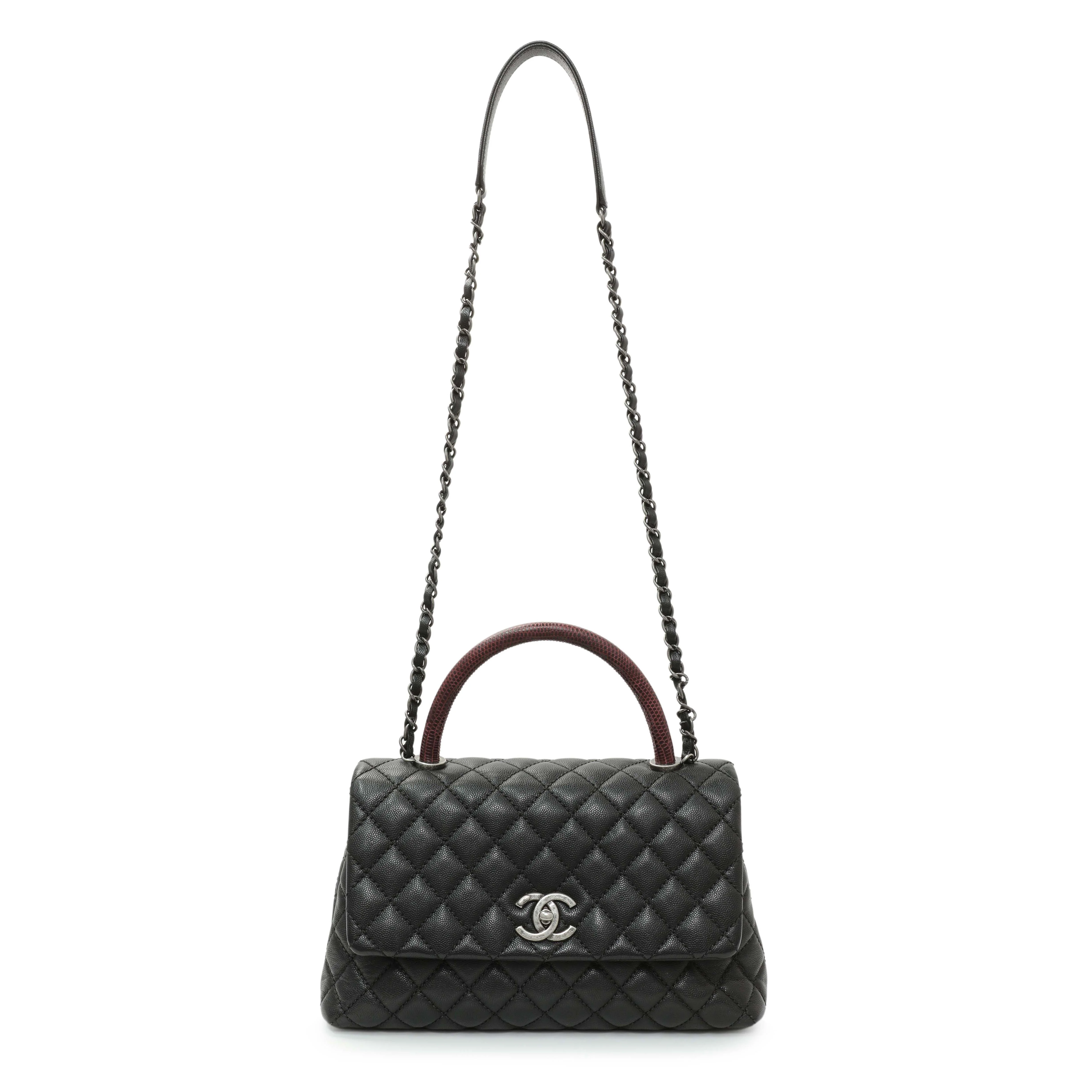 Chanel Black Caviar Lizard Embossed Quilted Small Coco Handle Flap