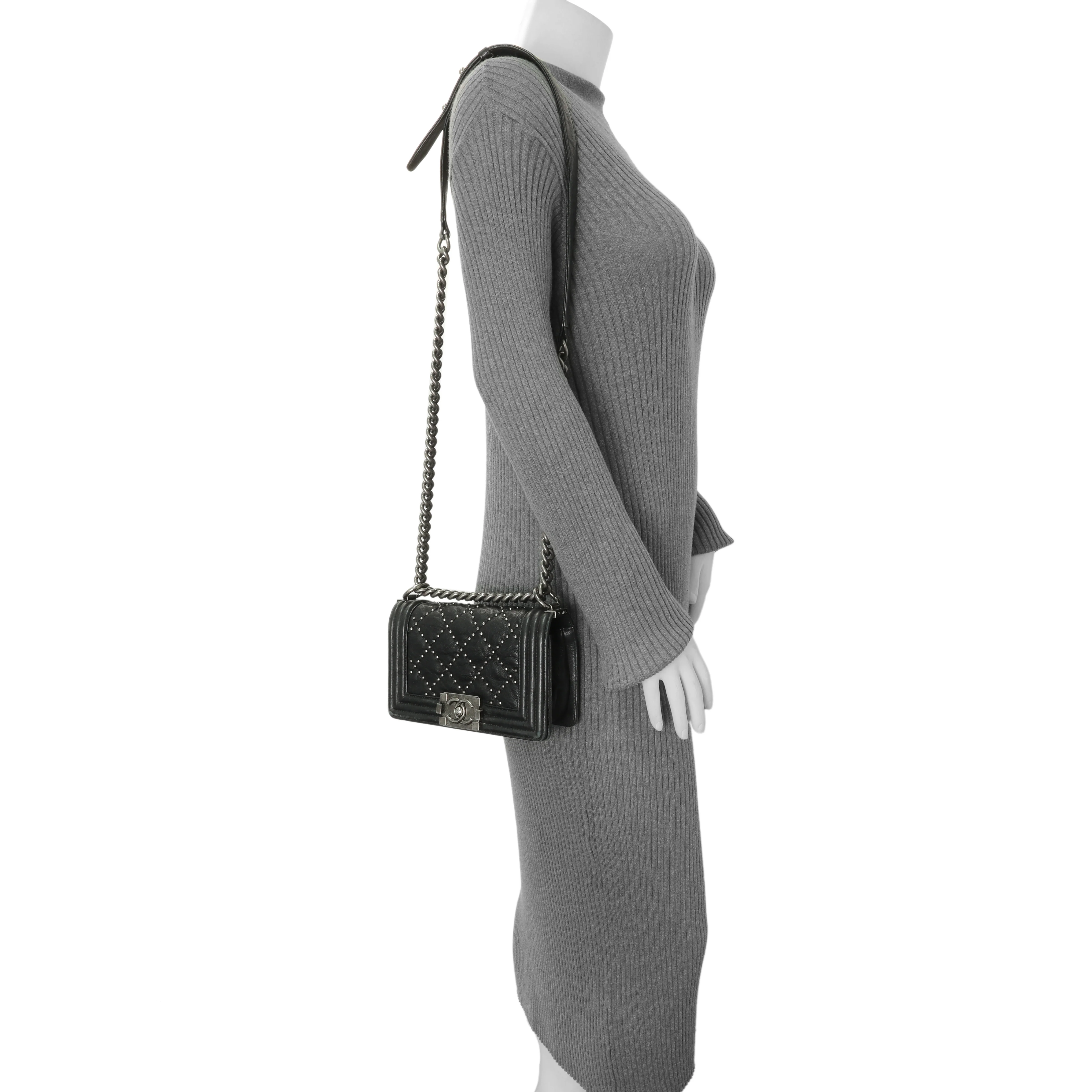 Chanel Black Crumpled Lambskin Small Studded Boy Bag - Image 14