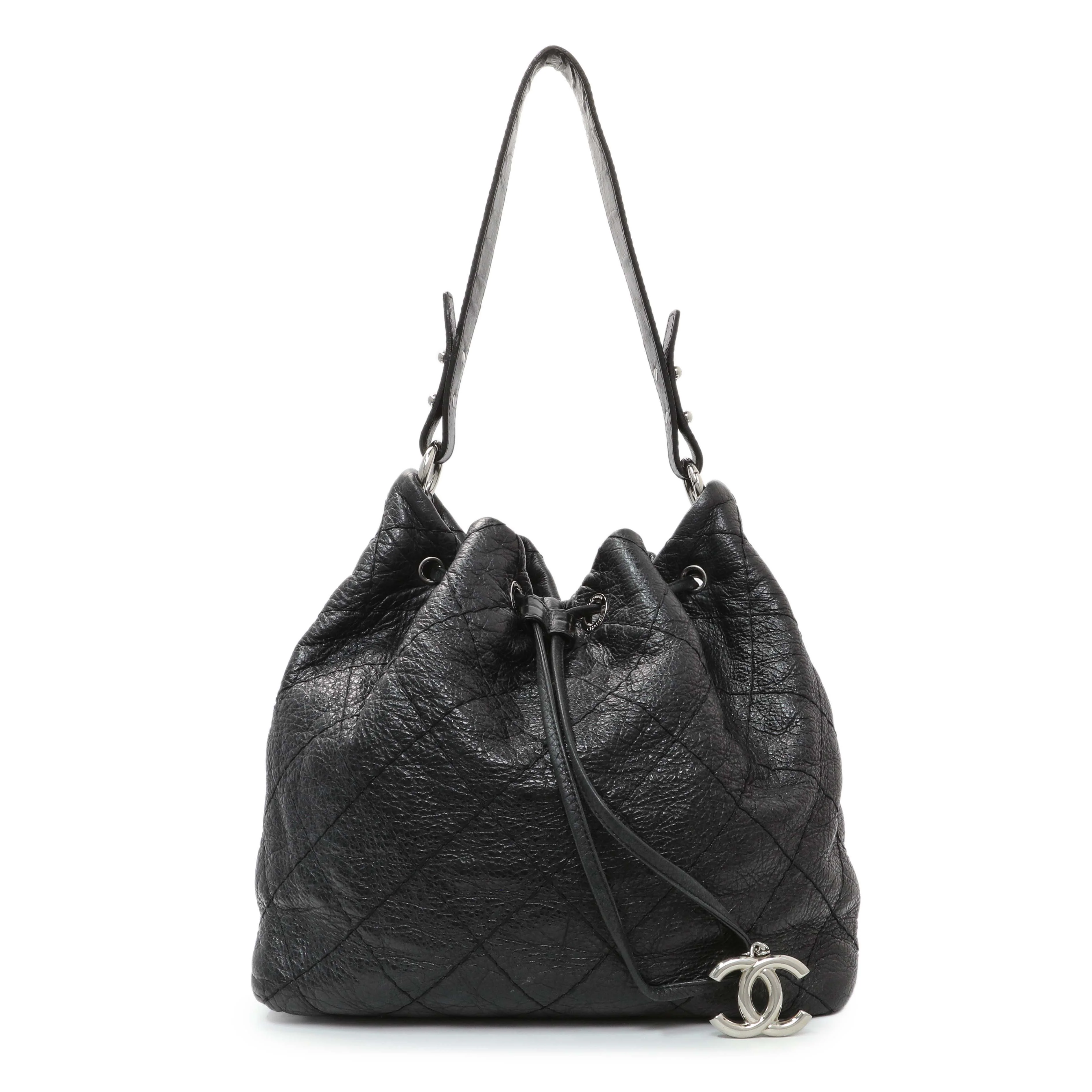 Chanel Black Glazed Calfskin On The Road Bucket Bag