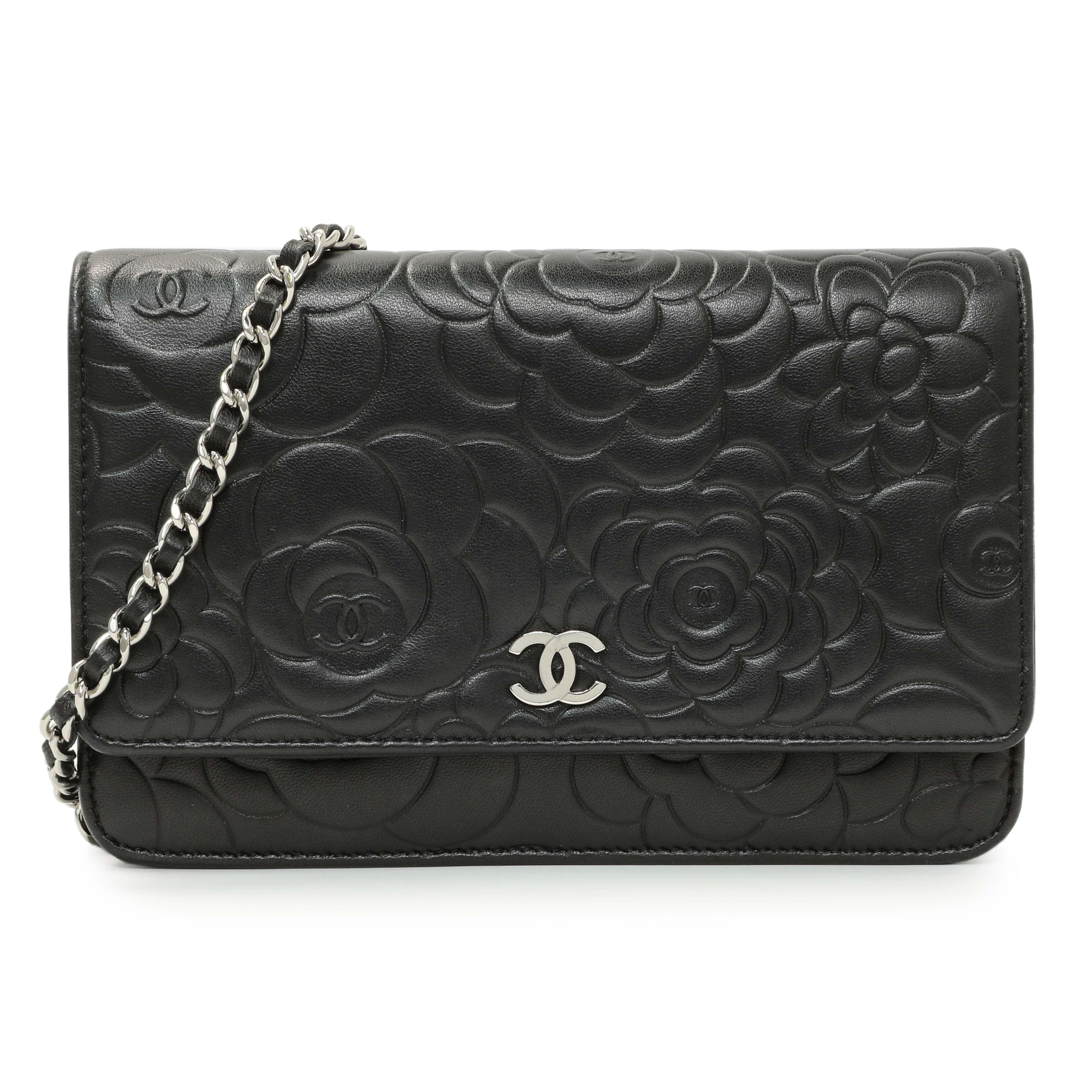 Chanel Black Lambskin Camellia Embossed Wallet on Chain
